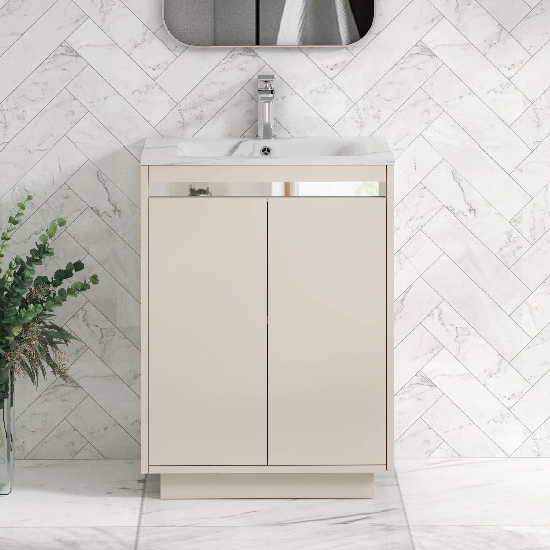 Orion 600mm Floor Standing Vanity Unit 2 Door Warm Taupe with Carrara White Basin & Chrome Accent Trim