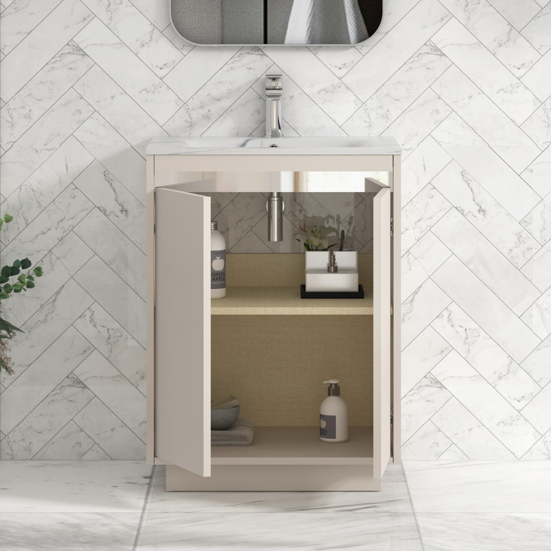 Orion Floor Standing Vanity Unit 2 Door Warm Taupe with Carrara White Basin