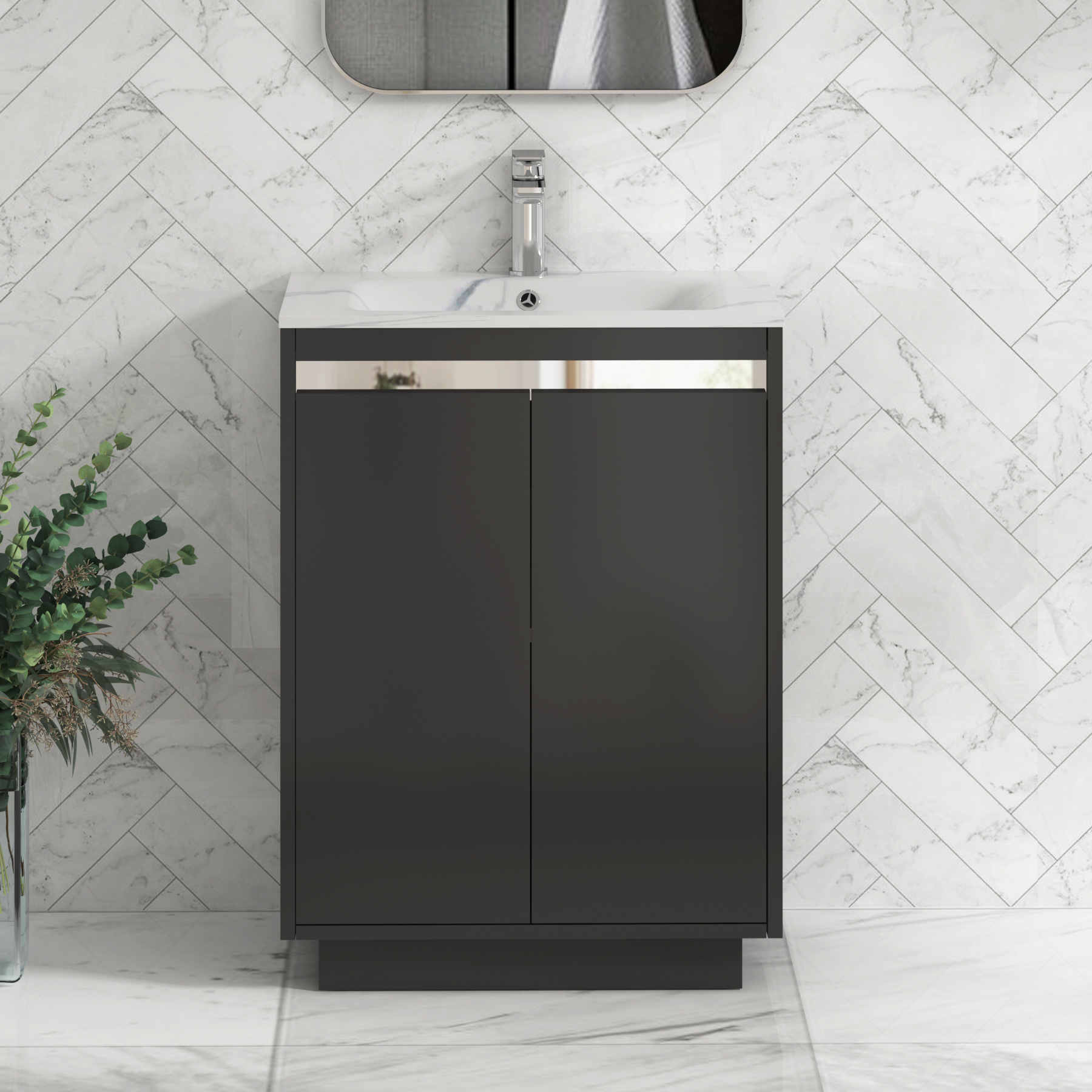 Orion Floor Standing Vanity Unit 2 Door Matt Obsidian Black with Carrara White Basin