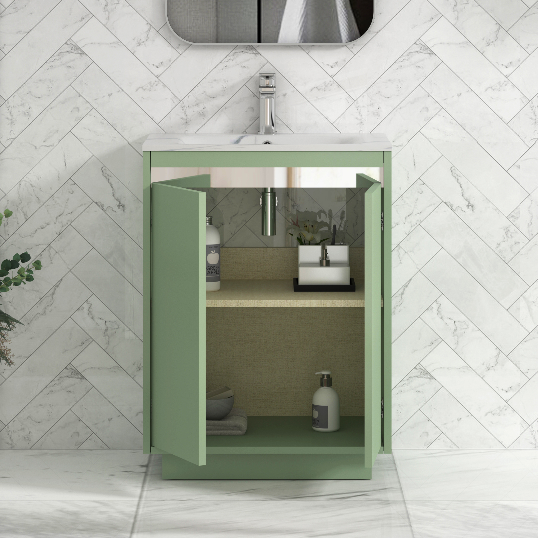 Orion Floor Standing Vanity Unit 2 Door Mint Sage with Carrara White Basin