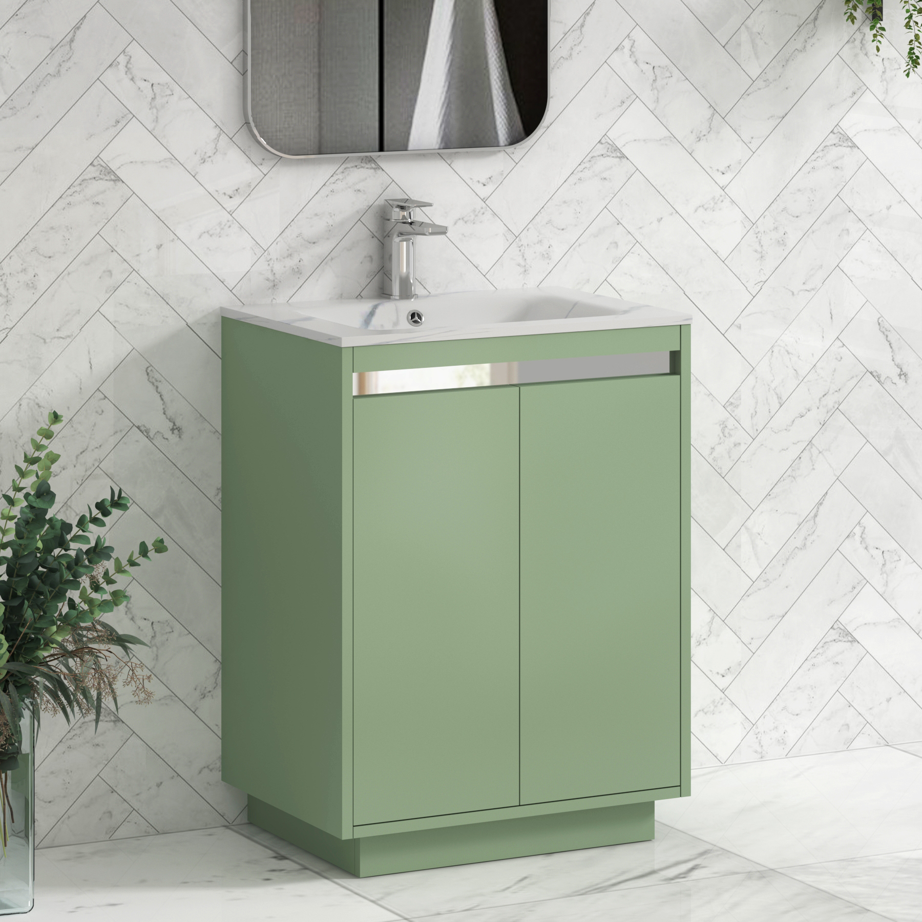 Orion Floor Standing Vanity Unit 2 Door Mint Sage with Carrara White Basin
