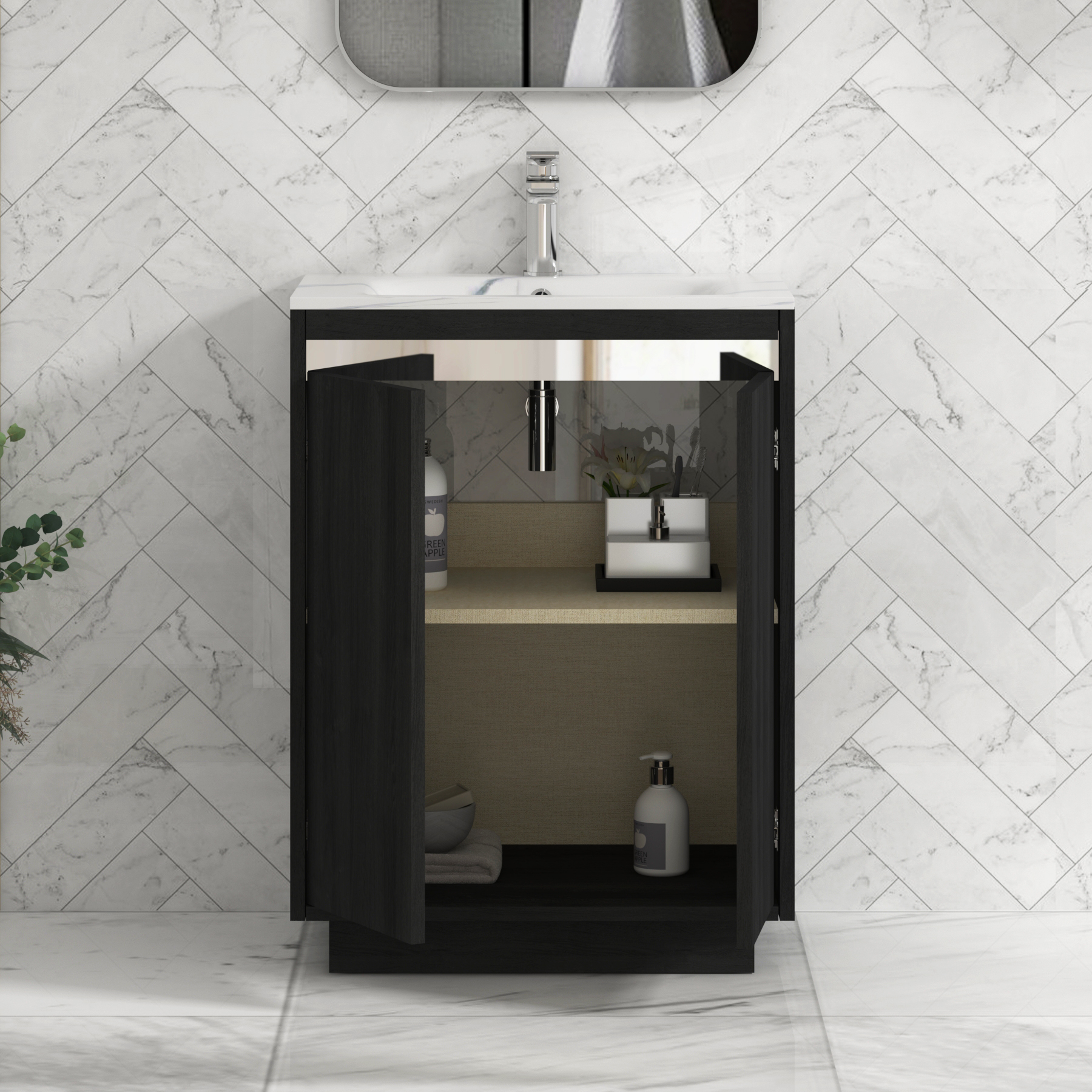 Orion Floor Standing Vanity Unit 2 Door Hale Black with Carrara White Basin & Accent Trim