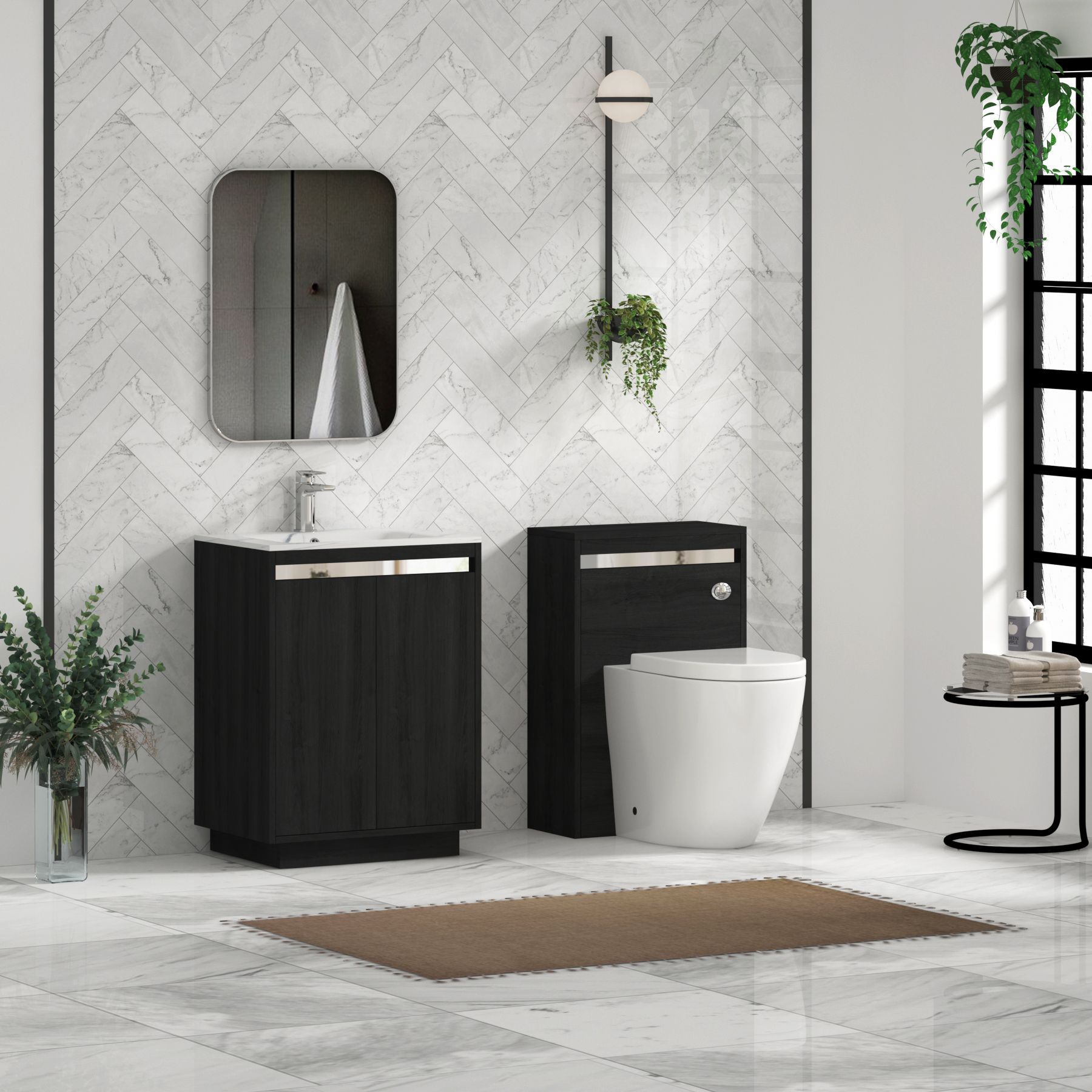 Orion Floor Standing Vanity Unit 2 Door Hale Black with Carrara White Basin & Accent Trim