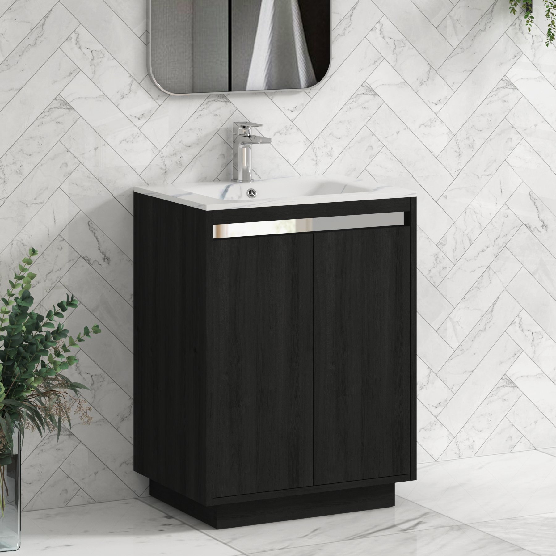 Orion Floor Standing Vanity Unit 2 Door Hale Black with Carrara White Basin & Accent Trim