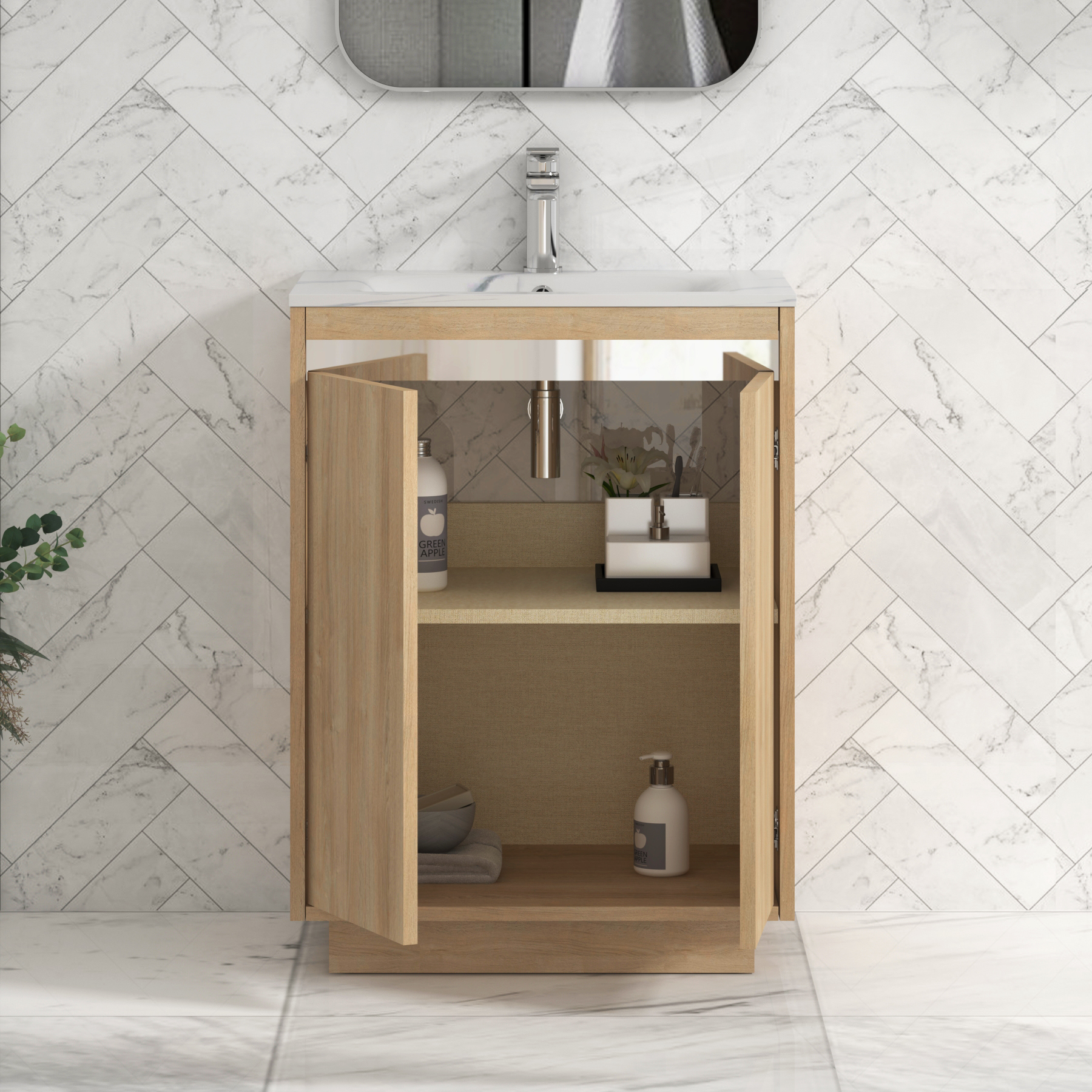 Orion Floor Standing Vanity Unit 2 Door Natural Oak with Carrara White Basin