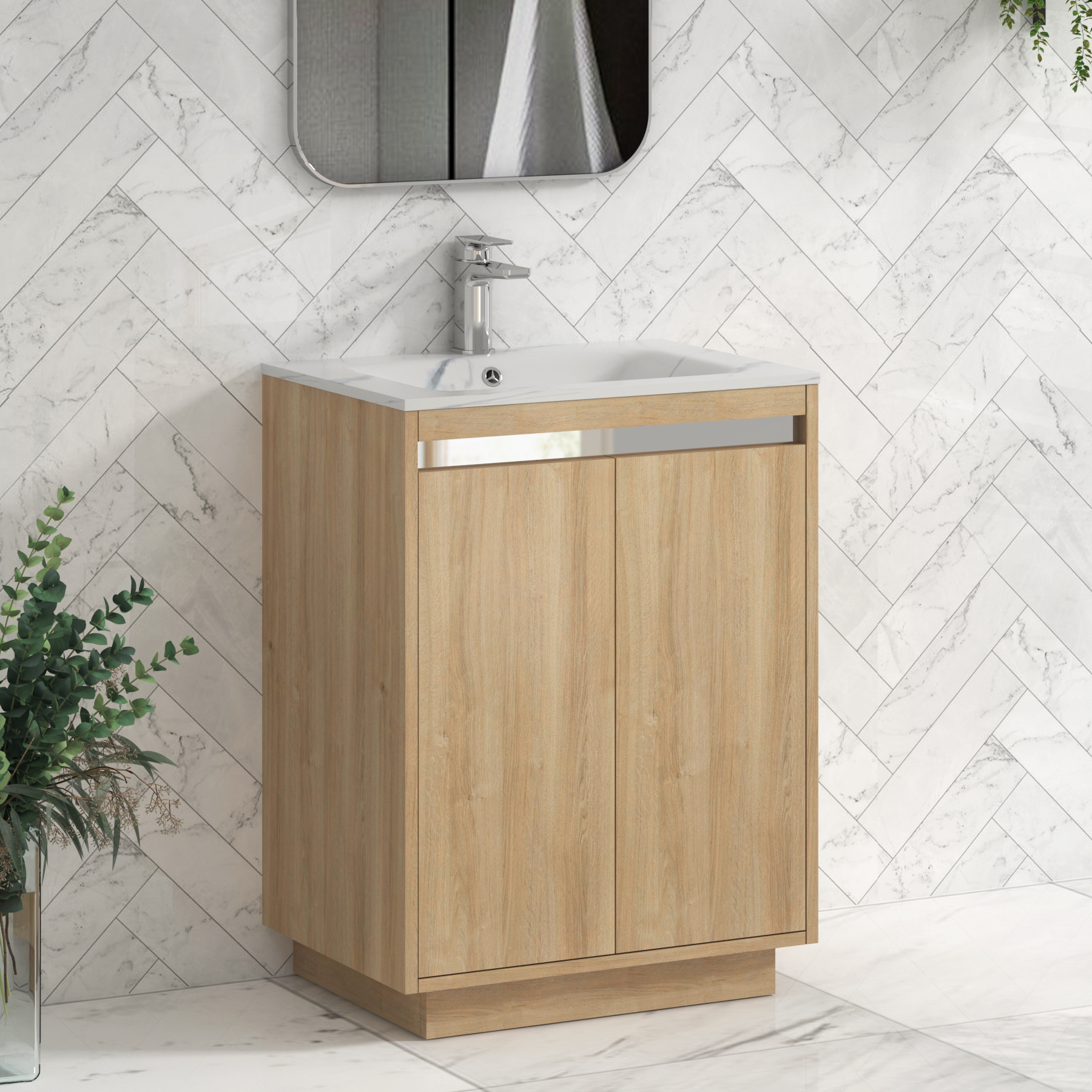 Orion Floor Standing Vanity Unit 2 Door Natural Oak with Carrara White Basin