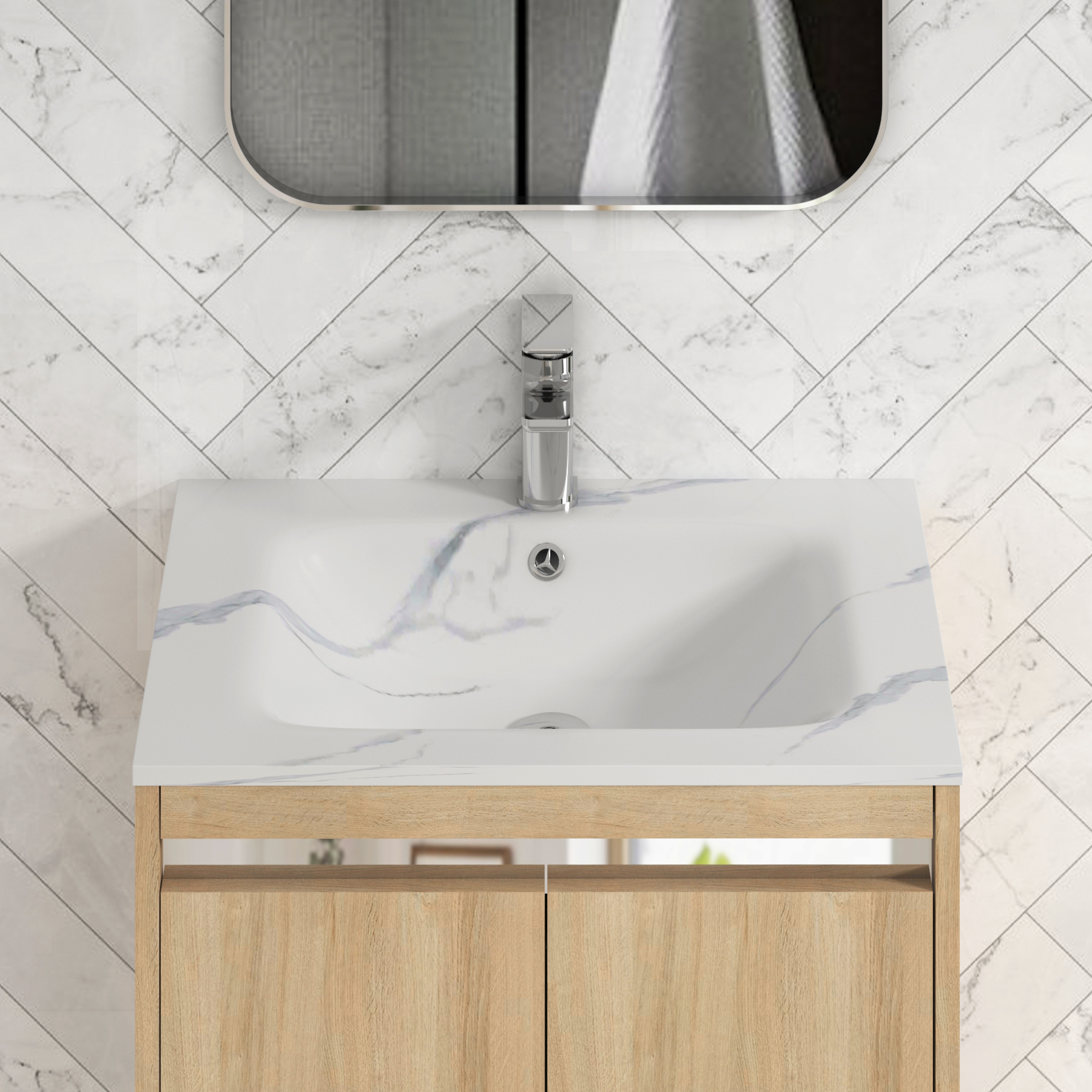 Orion Floor Standing Vanity Unit 2 Door Natural Oak with Carrara White Basin