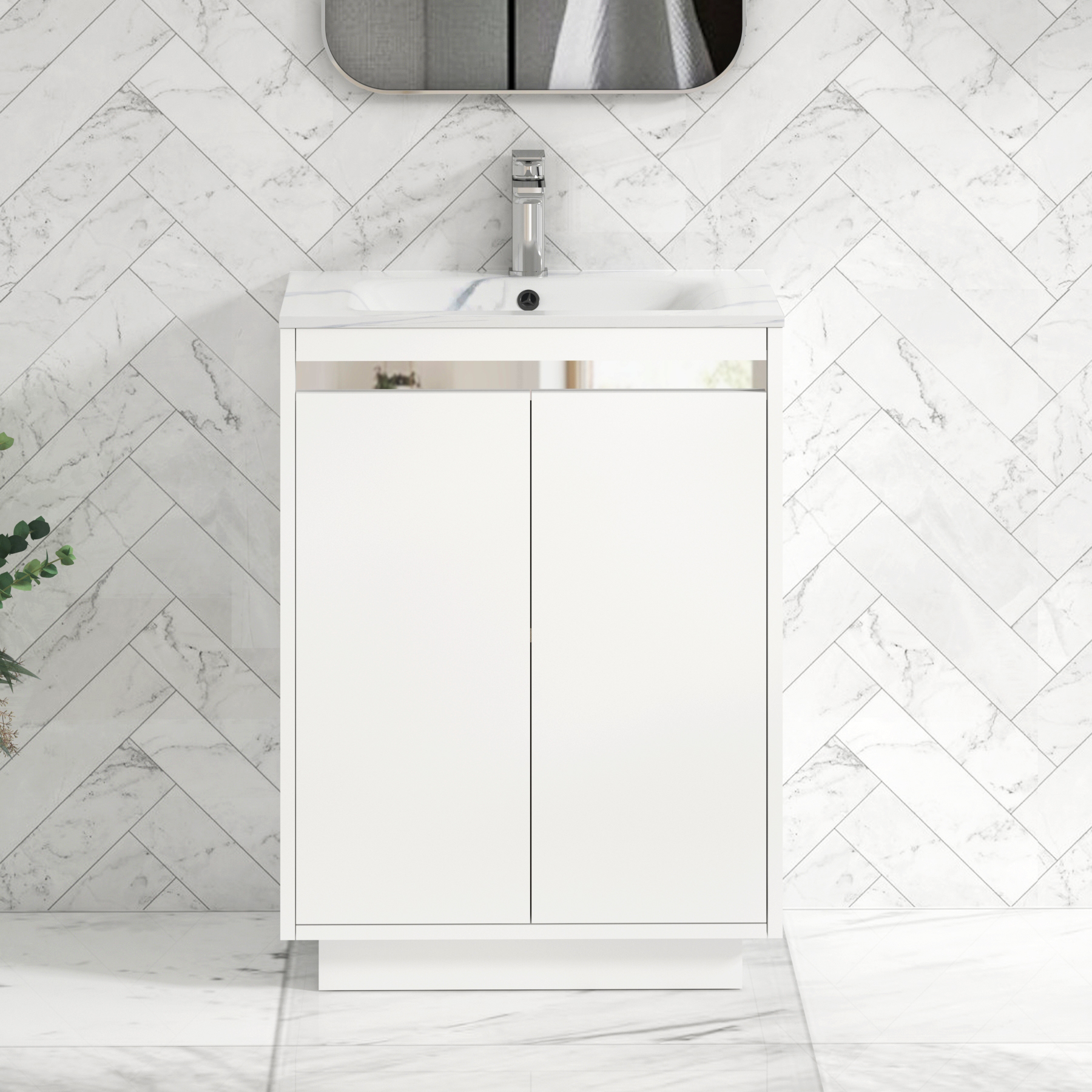 Orion Floor Standing Vanity Unit 2 Door Matt White with Carrara White Basin