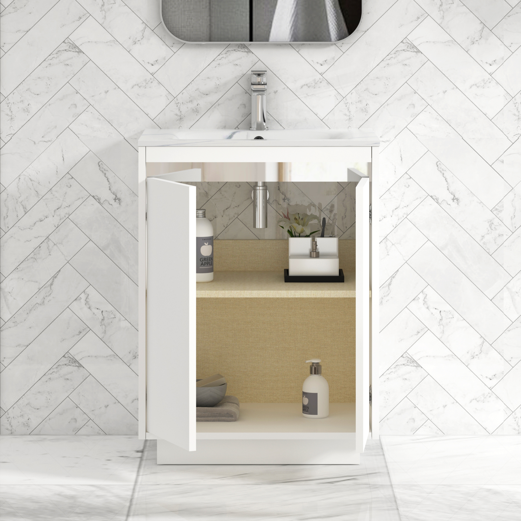 Orion Floor Standing Vanity Unit 2 Door Matt White with Carrara White Basin