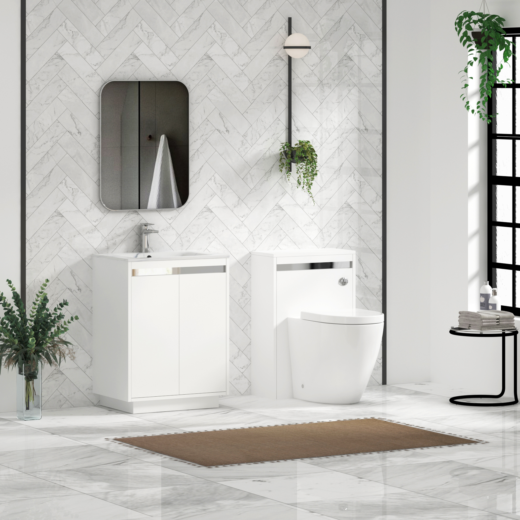 Orion Floor Standing Vanity Unit 2 Door Matt White with Carrara White Basin