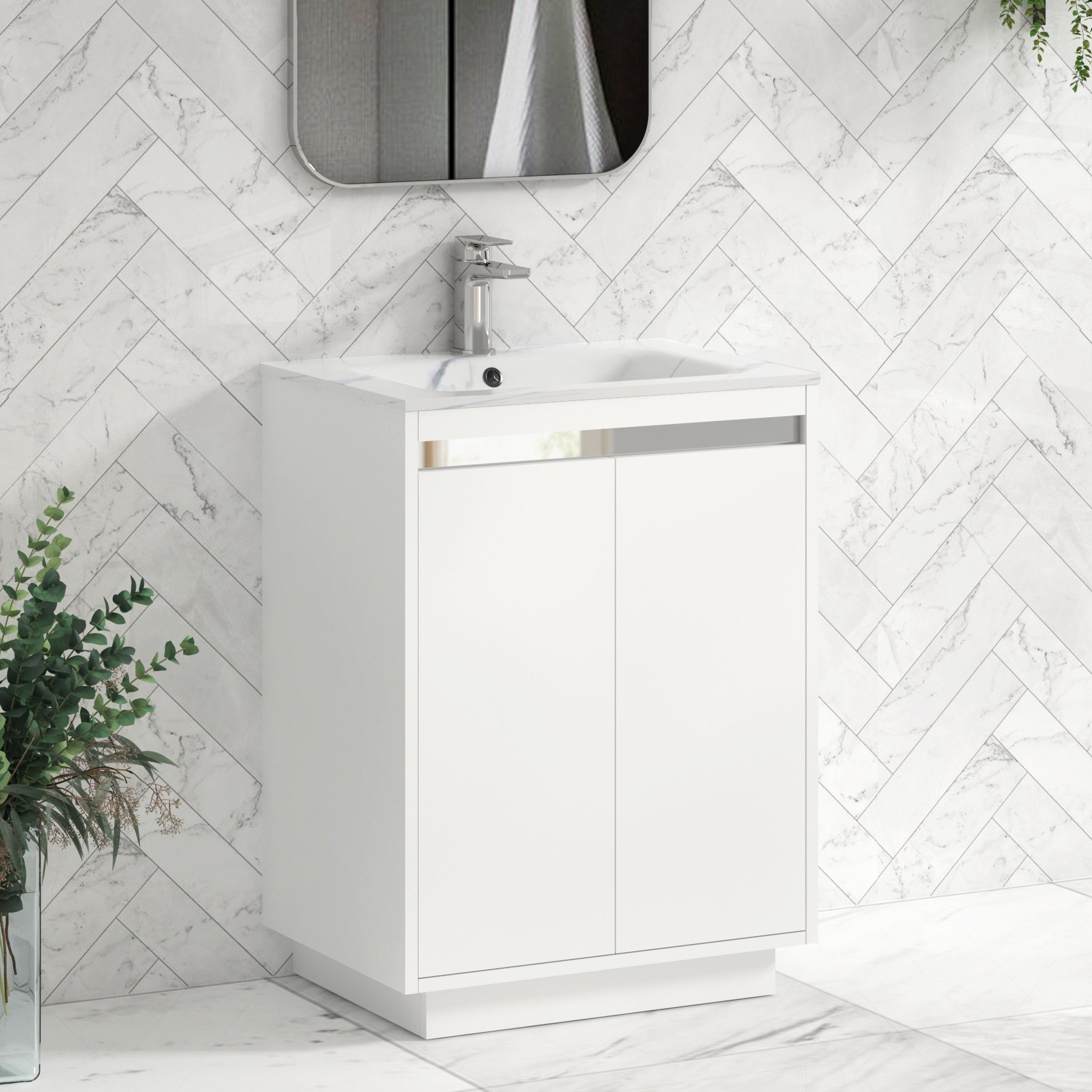 Orion Floor Standing Vanity Unit 2 Door Matt White with Carrara White Basin