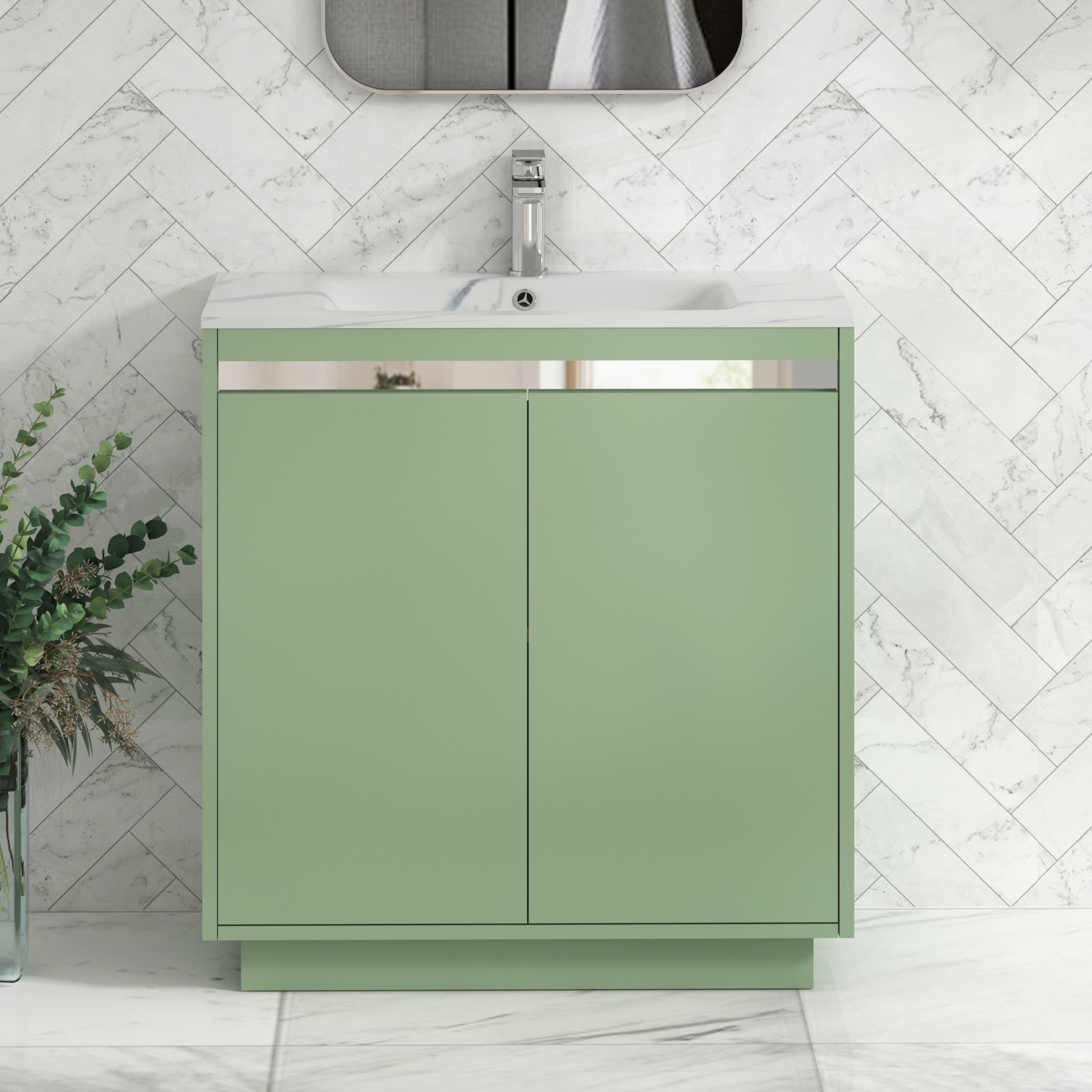 Orion Floor Standing Vanity Unit 2 Door Mint Sage with Carrara White Basin