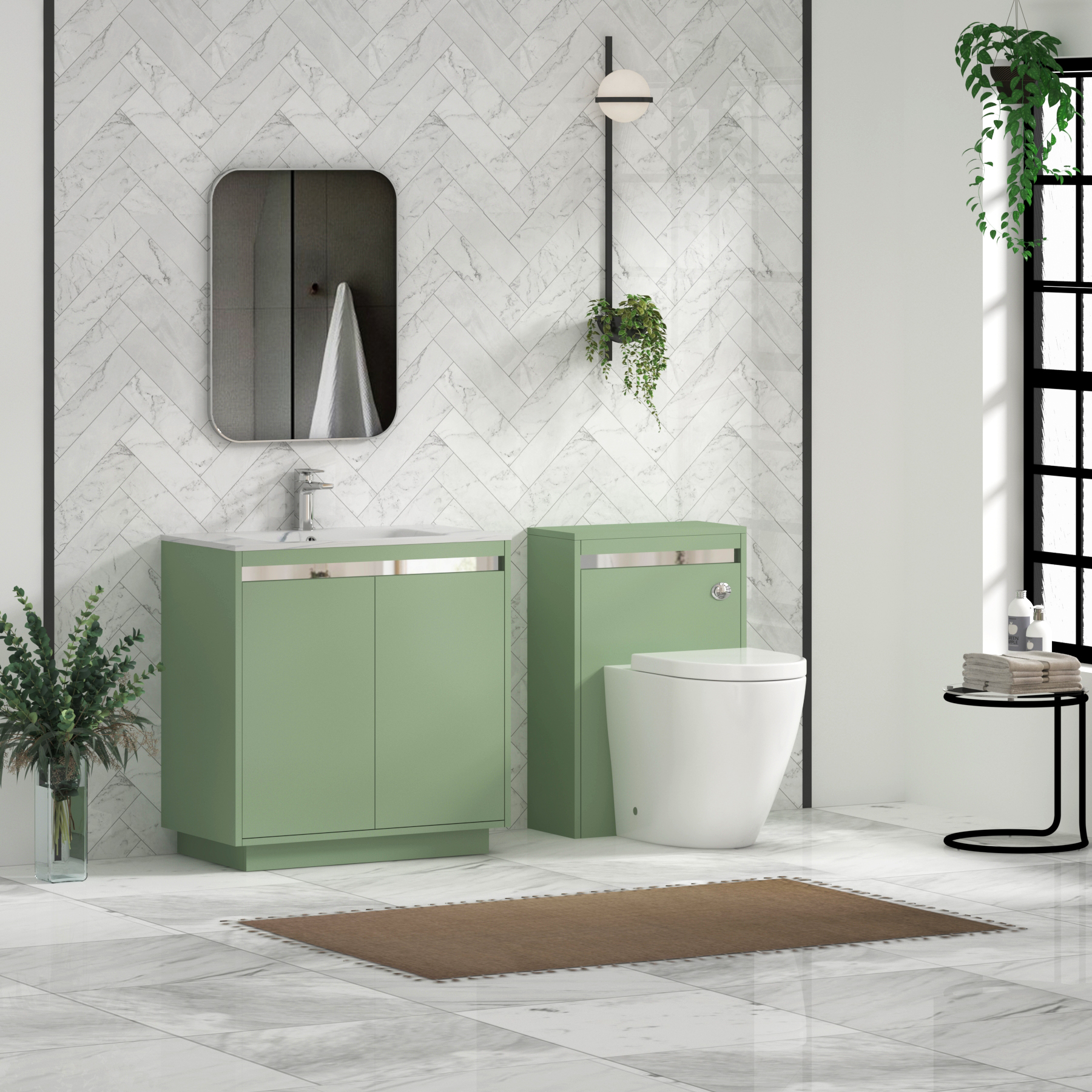 Orion Floor Standing Vanity Unit 2 Door Mint Sage with Carrara White Basin