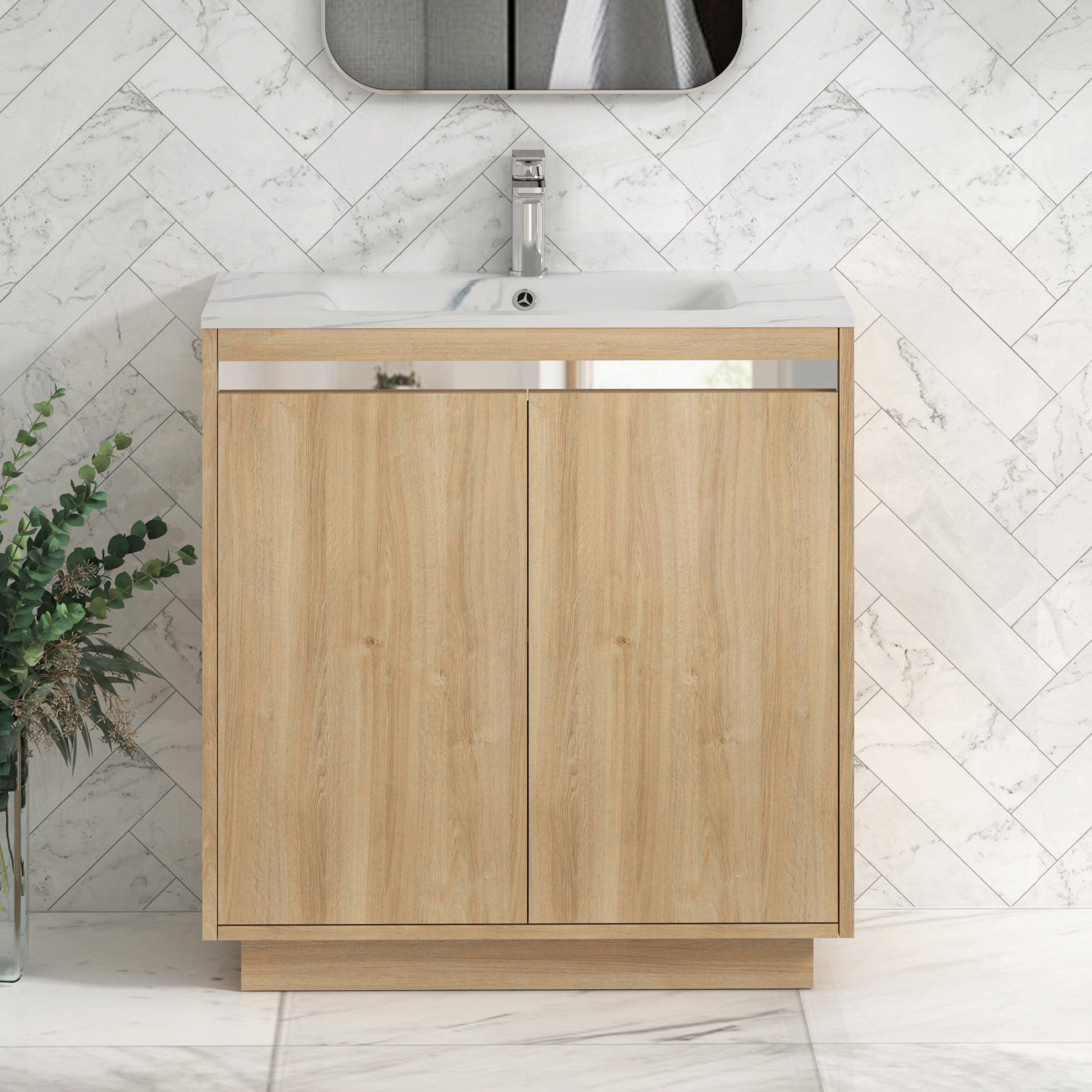 Orion Floor Standing Vanity Unit 2 Door Natural Oak with Carrara White Basin