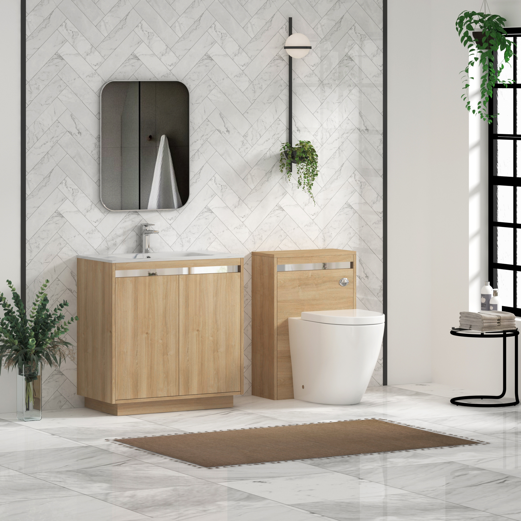 Orion Floor Standing Vanity Unit 2 Door Natural Oak with Carrara White Basin