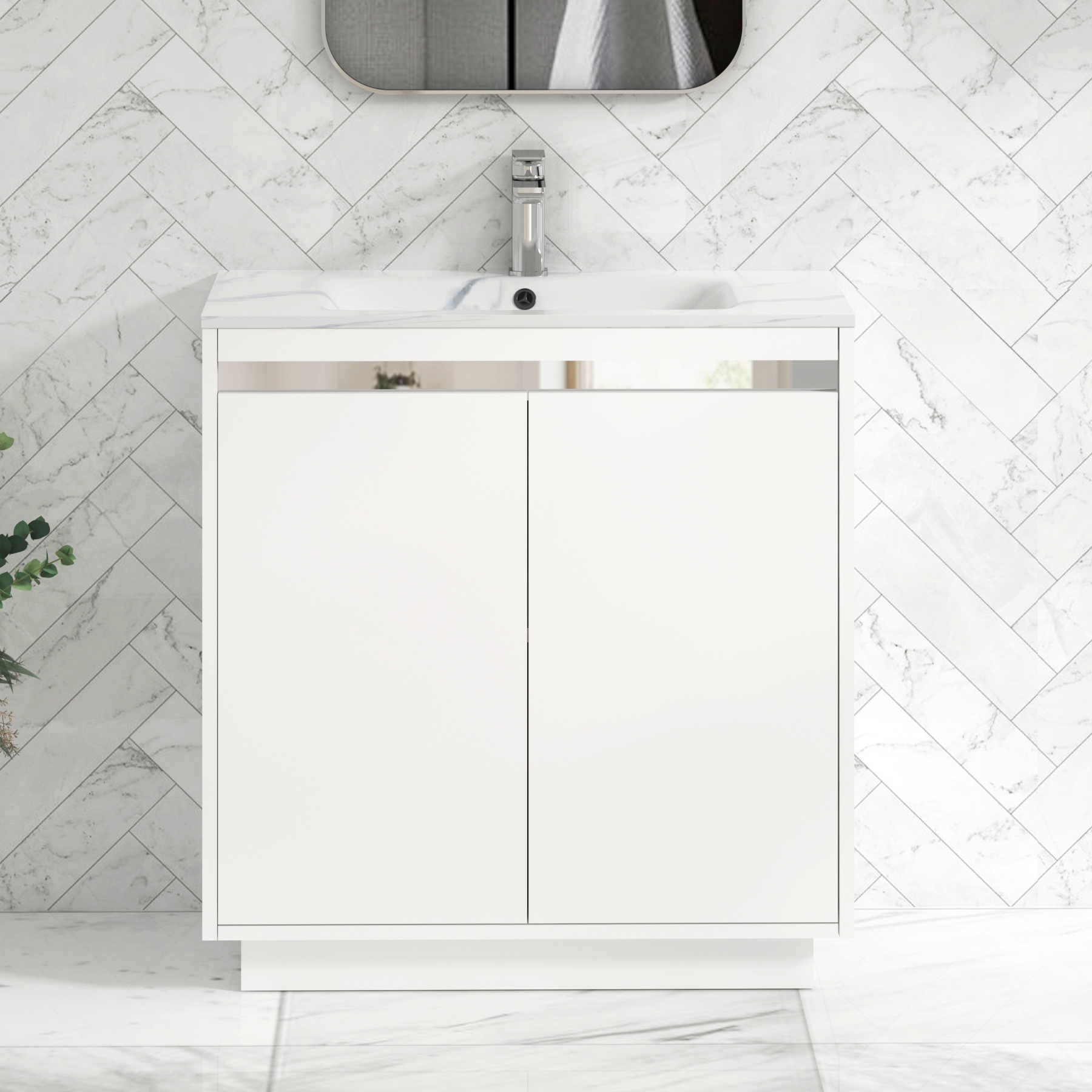 Orion Floor Standing Vanity Unit 2 Door Matt White with Carrara White Basin