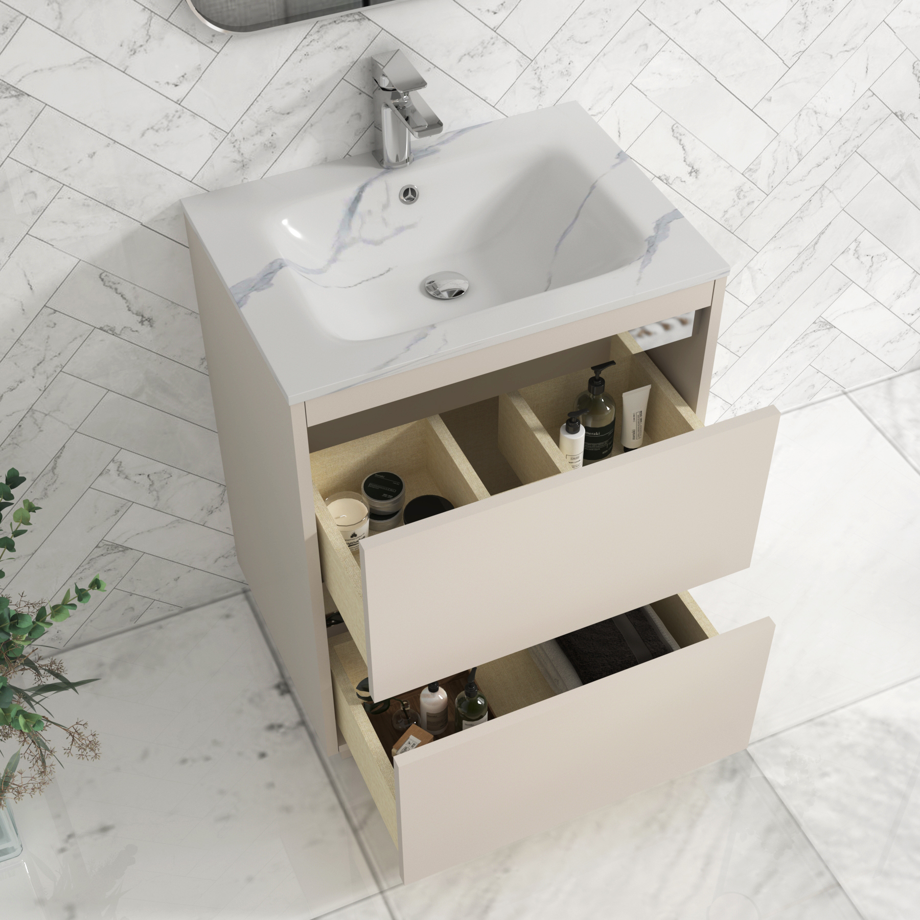 Orion Floor Standing Vanity Unit 2 Drawer Warm Taupe with Carrara White Basin