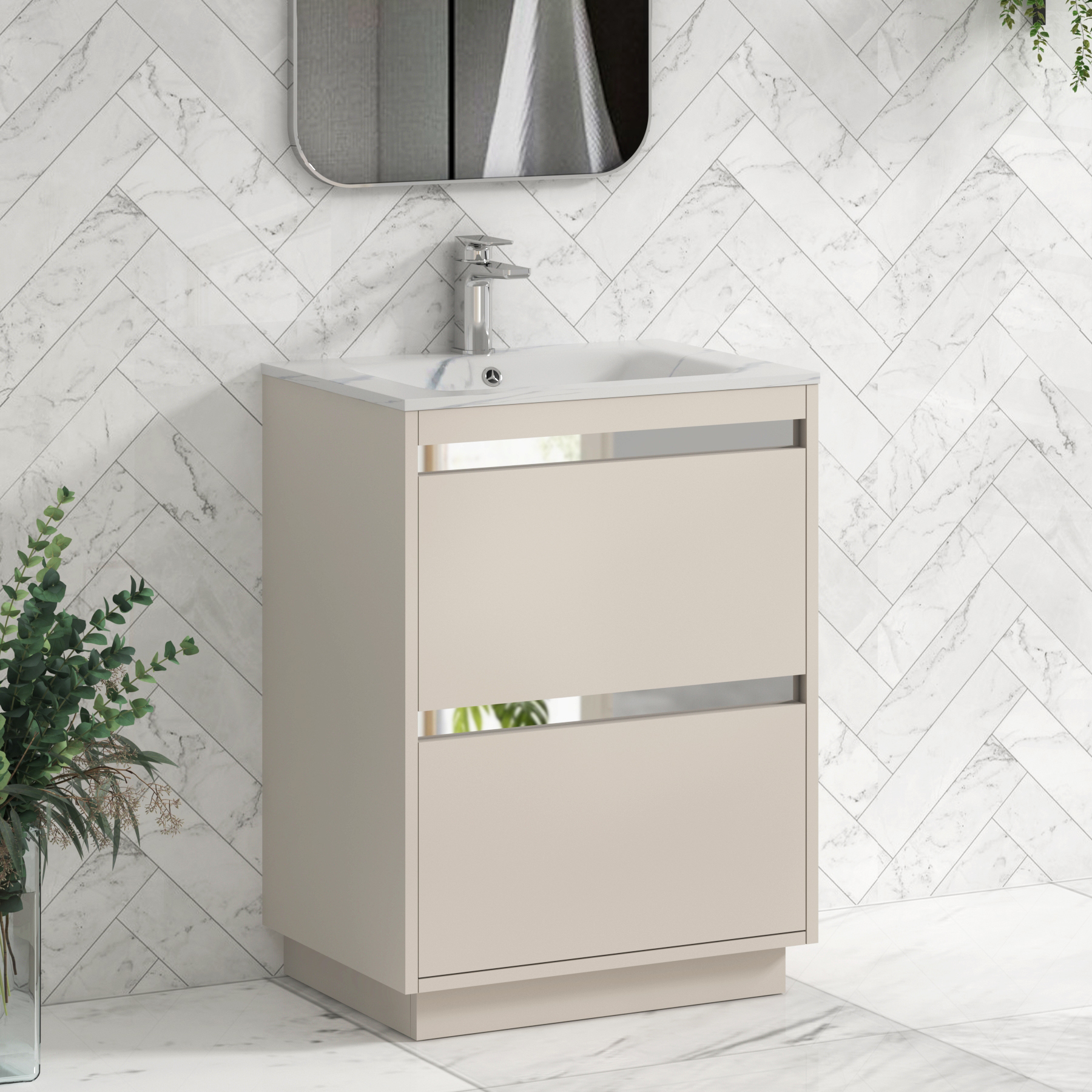 Orion Floor Standing Vanity Unit 2 Drawer Warm Taupe with Carrara White Basin