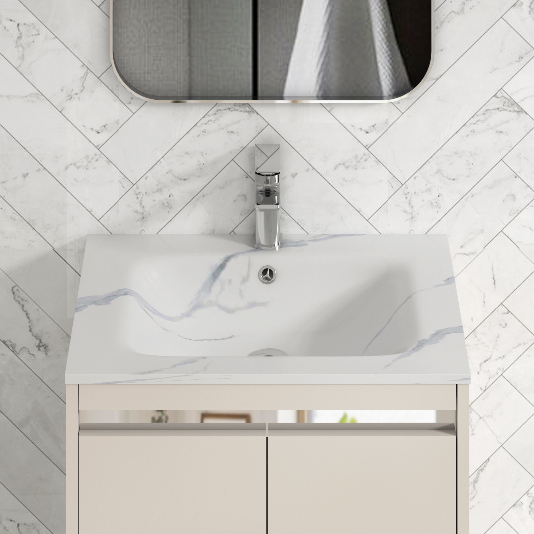 Orion Floor Standing Vanity Unit 2 Drawer Warm Taupe with Carrara White Basin