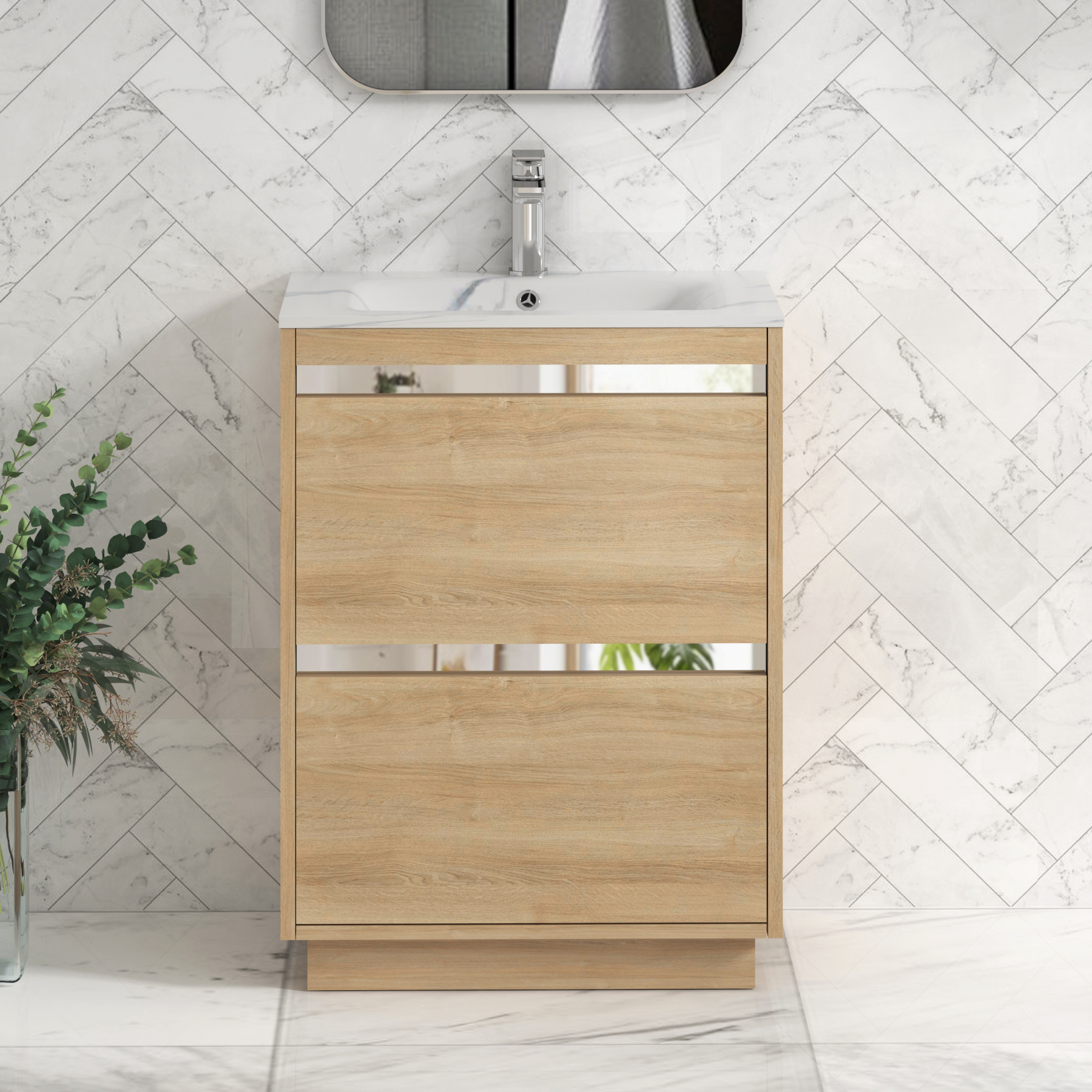Orion Floor Standing Vanity Unit 2 Drawer Natural Oak with Carrara White Basin