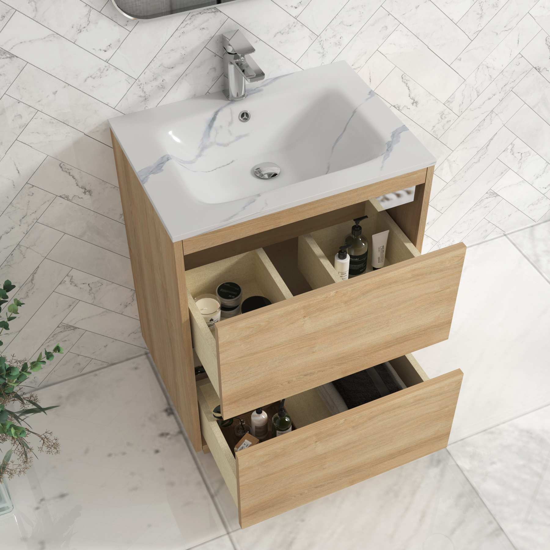 Orion Floor Standing Vanity Unit 2 Drawer Natural Oak with Carrara White Basin
