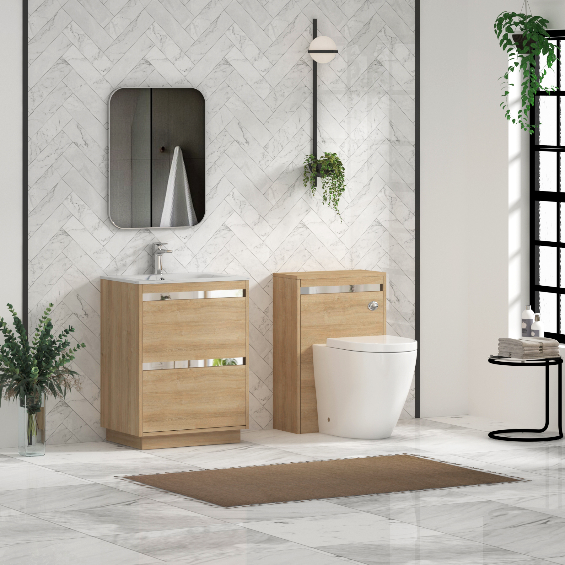 Orion Floor Standing Vanity Unit 2 Drawer Natural Oak with Carrara White Basin