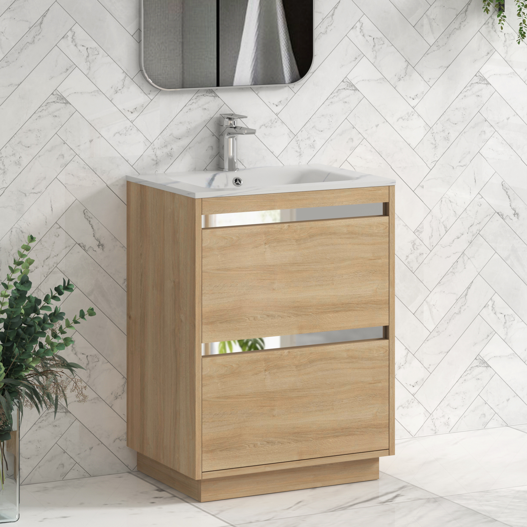 Orion Floor Standing Vanity Unit 2 Drawer Natural Oak with Carrara White Basin