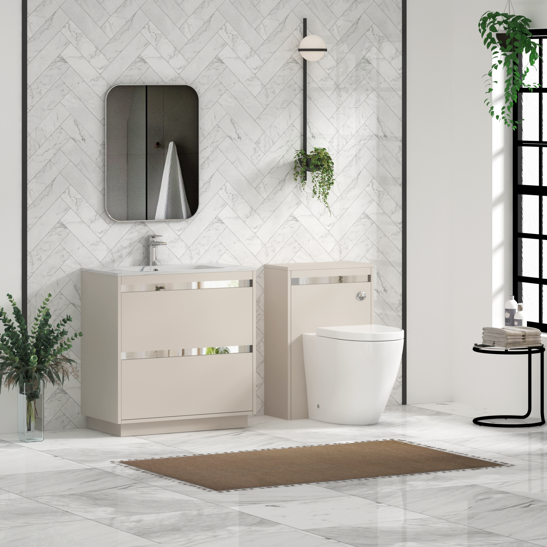 Orion Floor Standing Vanity Unit 2 Drawer Warm Taupe with Carrara White Basin