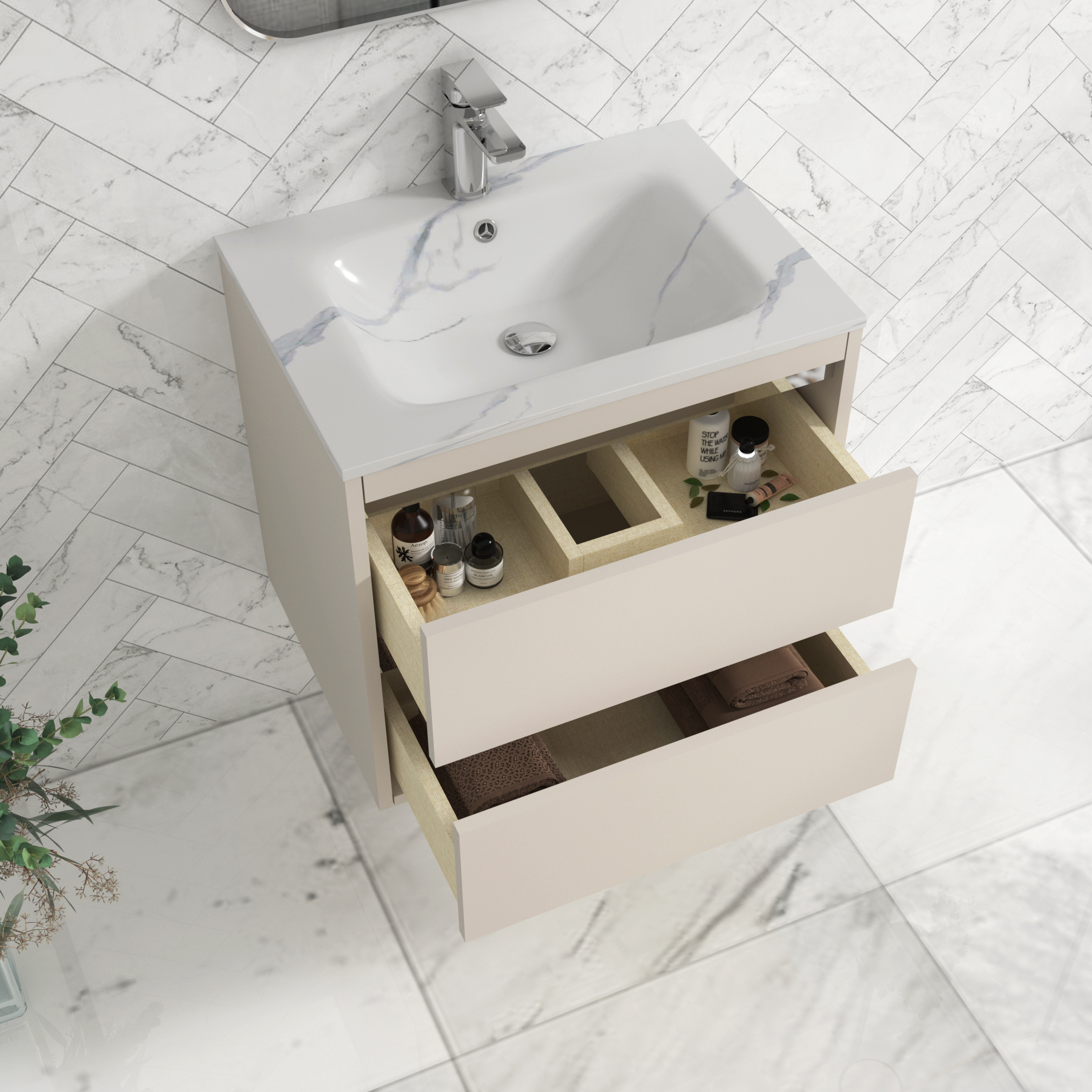 Orion Wall Hung Vanity Unit 2 Drawer Warm Taupe with Carrara White Basin