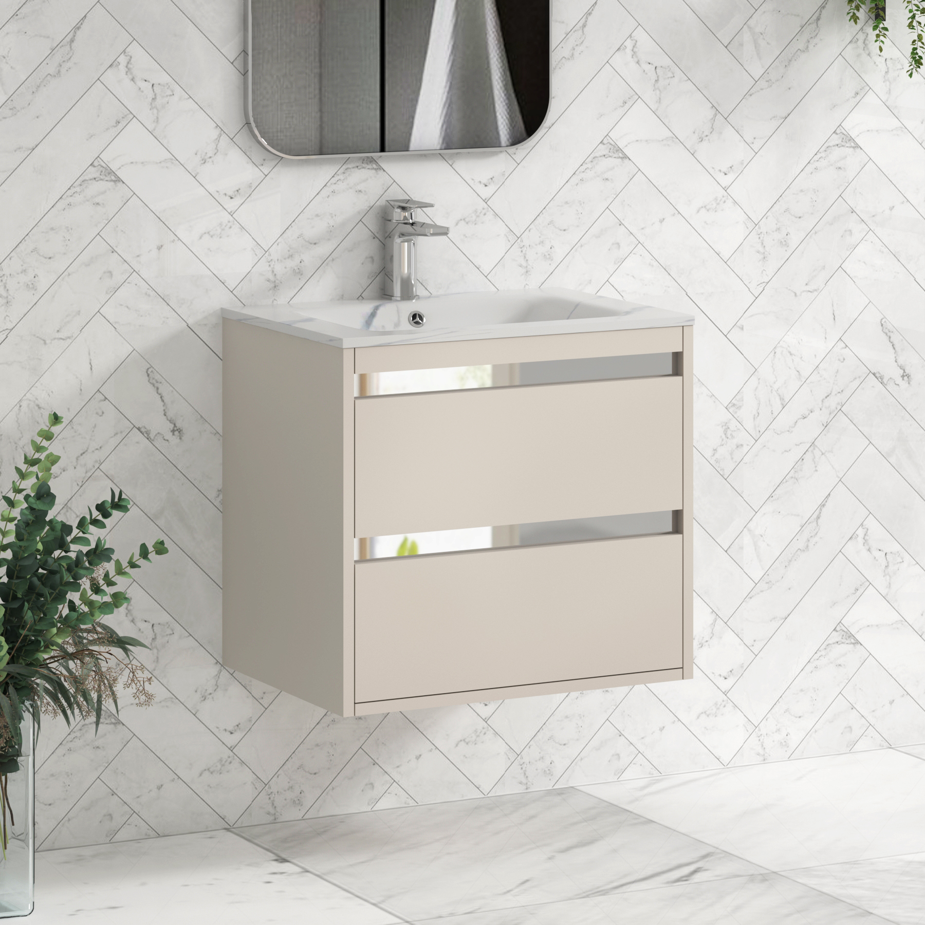 Orion Wall Hung Vanity Unit 2 Drawer Warm Taupe with Carrara White Basin