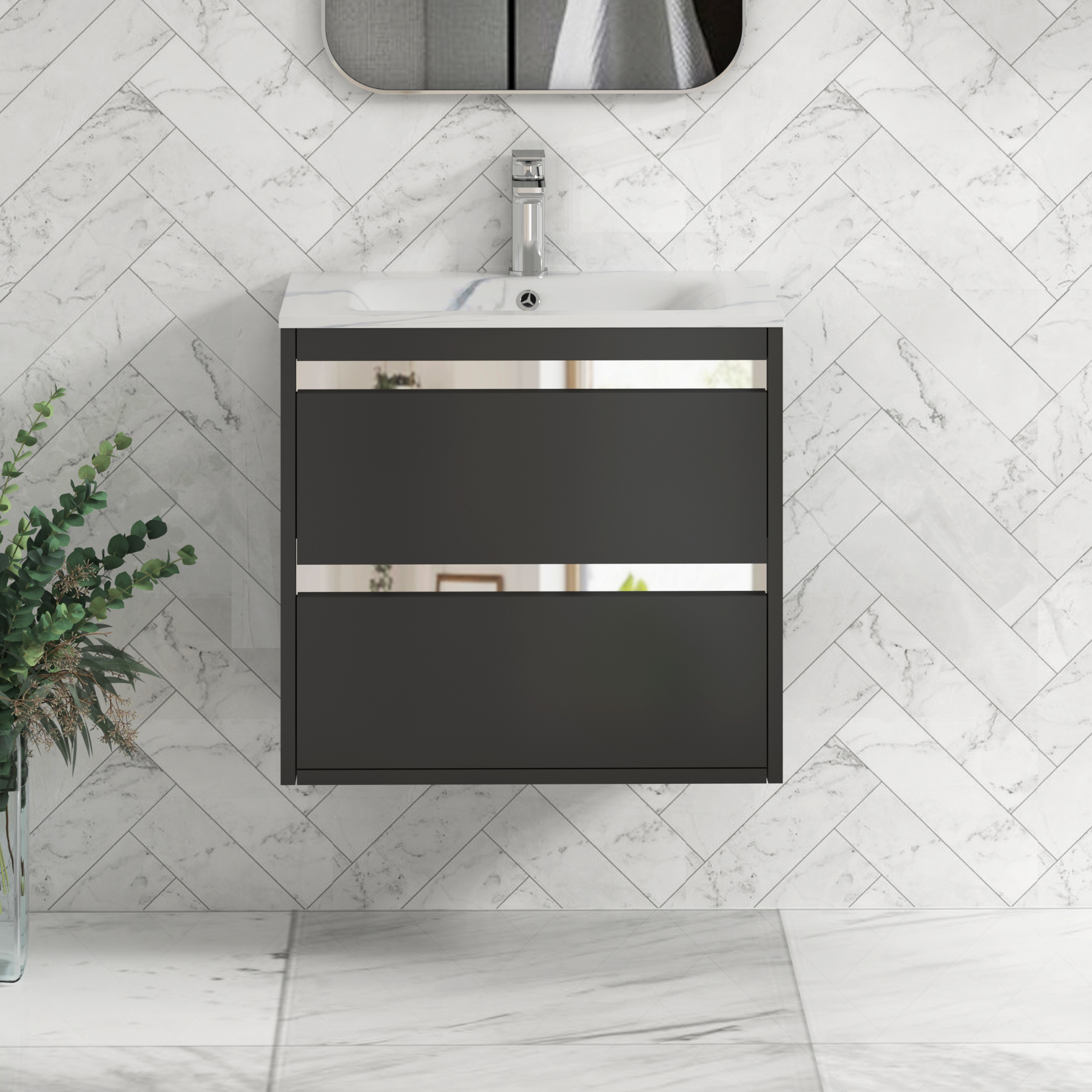 Orion Wall Hung Vanity Unit 2 Drawer Matt Obsidian Black with Carrara White Basin