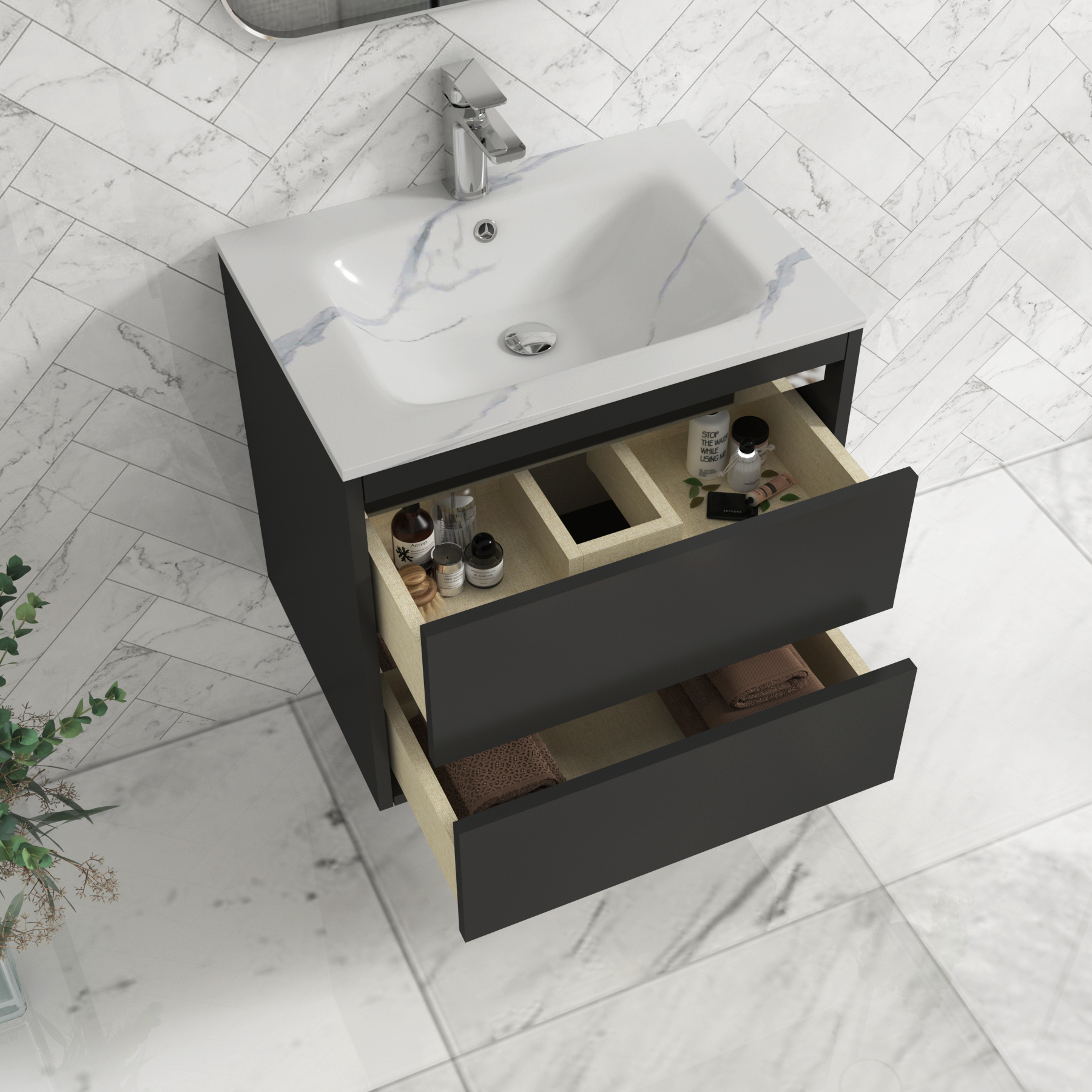 Orion Wall Hung Vanity Unit 2 Drawer Matt Obsidian Black with Carrara White Basin