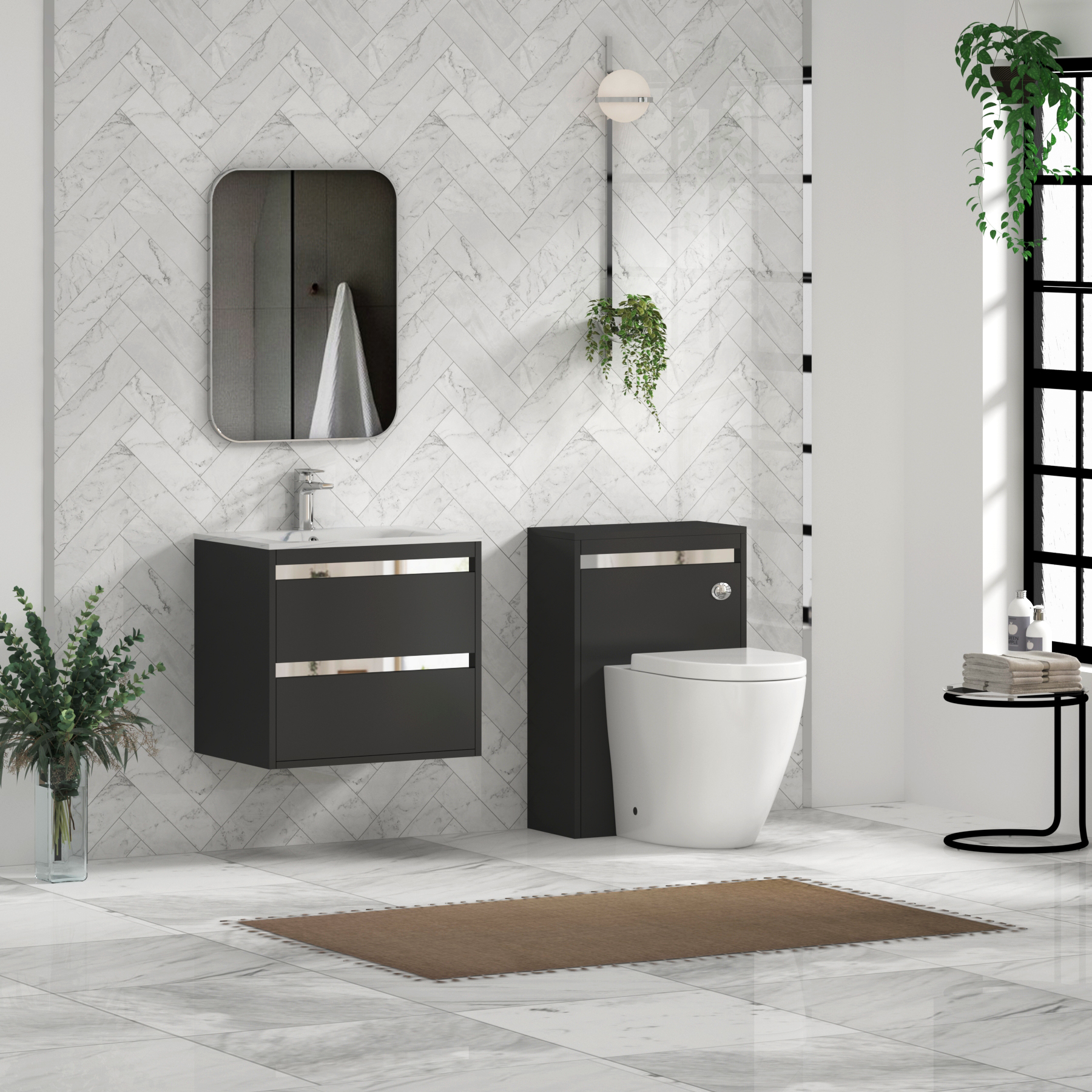 Orion Wall Hung Vanity Unit 2 Drawer Matt Obsidian Black with Carrara White Basin