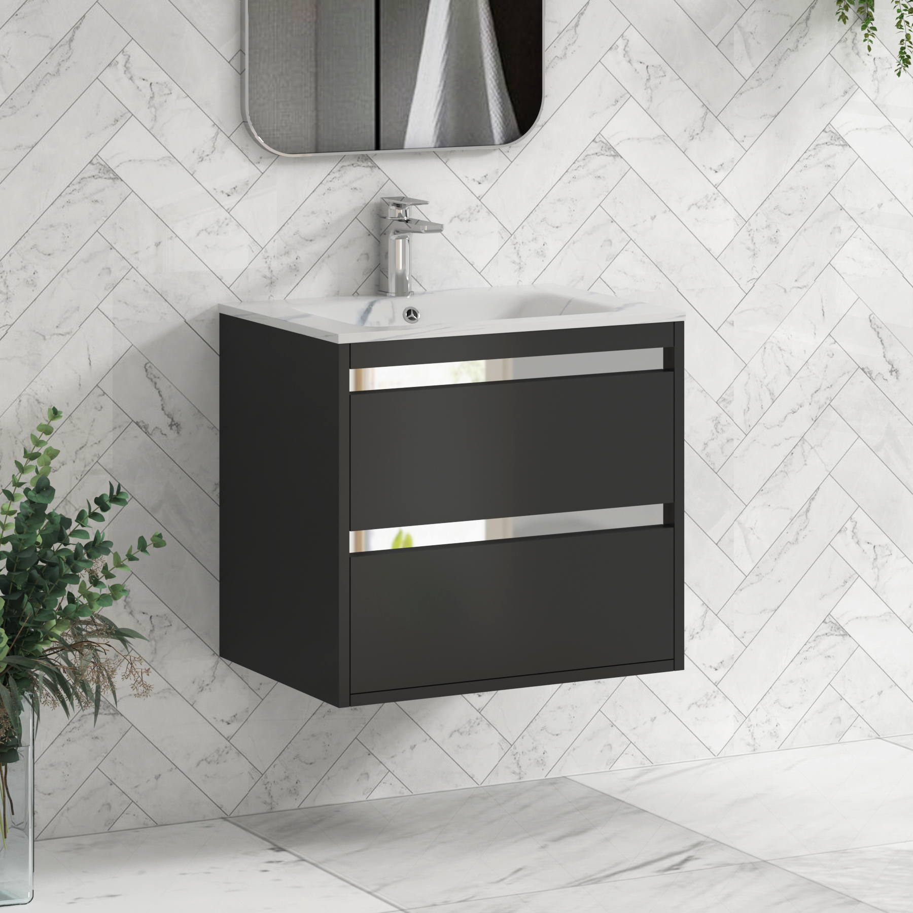 Orion Wall Hung Vanity Unit 2 Drawer Matt Obsidian Black with Carrara White Basin