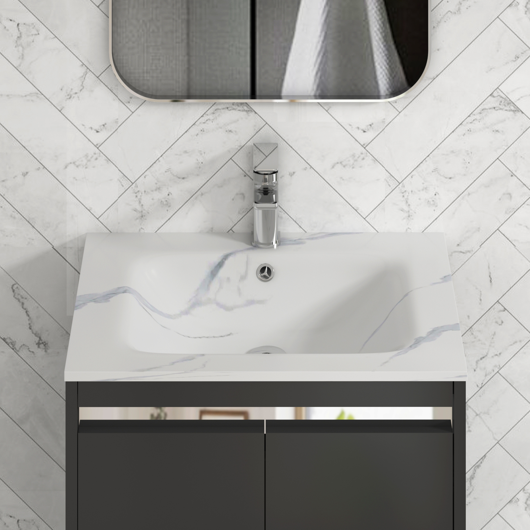 Orion Wall Hung Vanity Unit 2 Drawer Matt Obsidian Black with Carrara White Basin