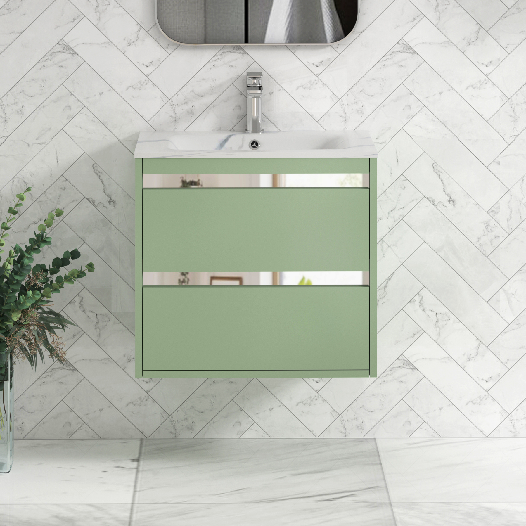 Orion Wall Hung Vanity Unit 2 Drawer Mint Sage with Carrara White Basin