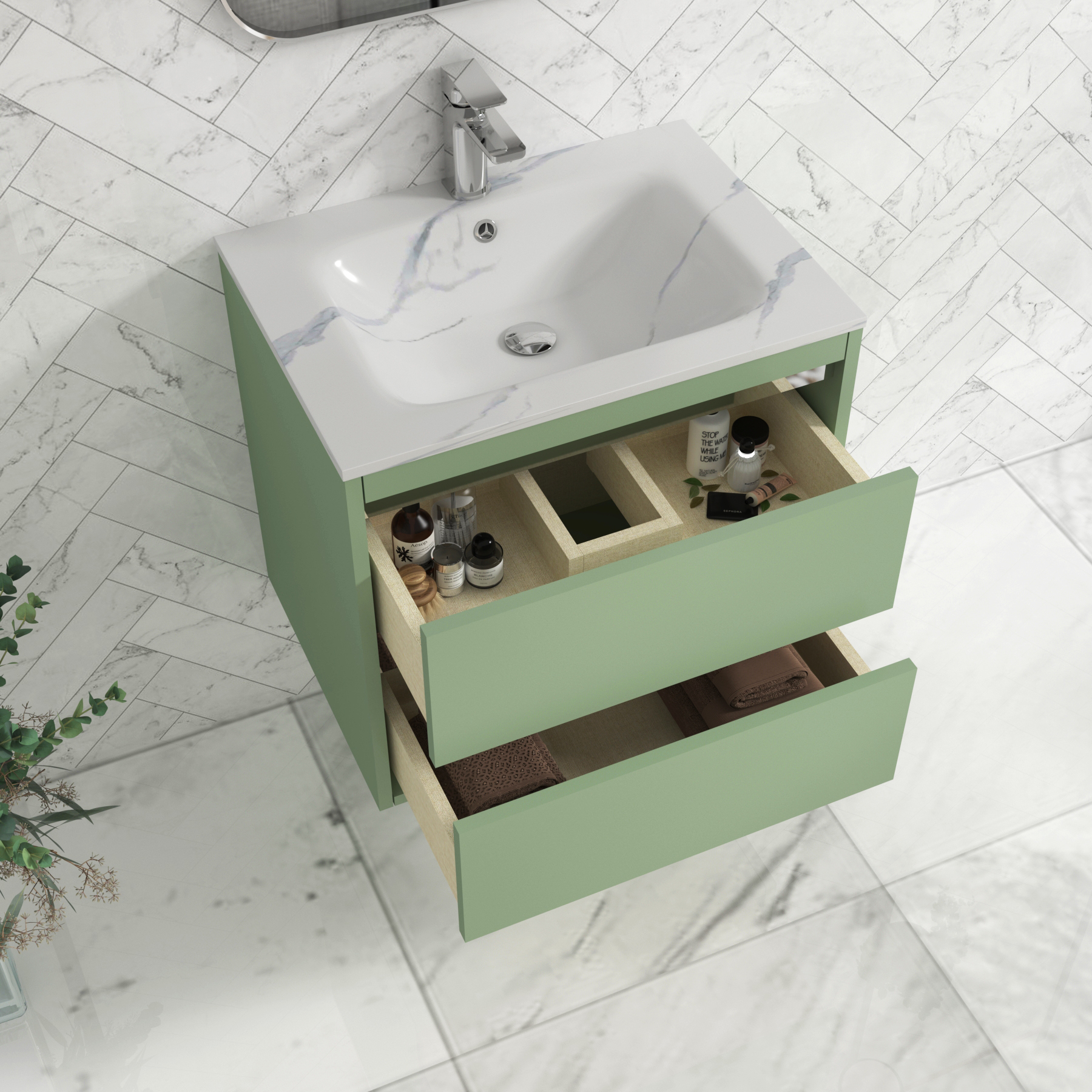 Orion Wall Hung Vanity Unit 2 Drawer Mint Sage with Carrara White Basin
