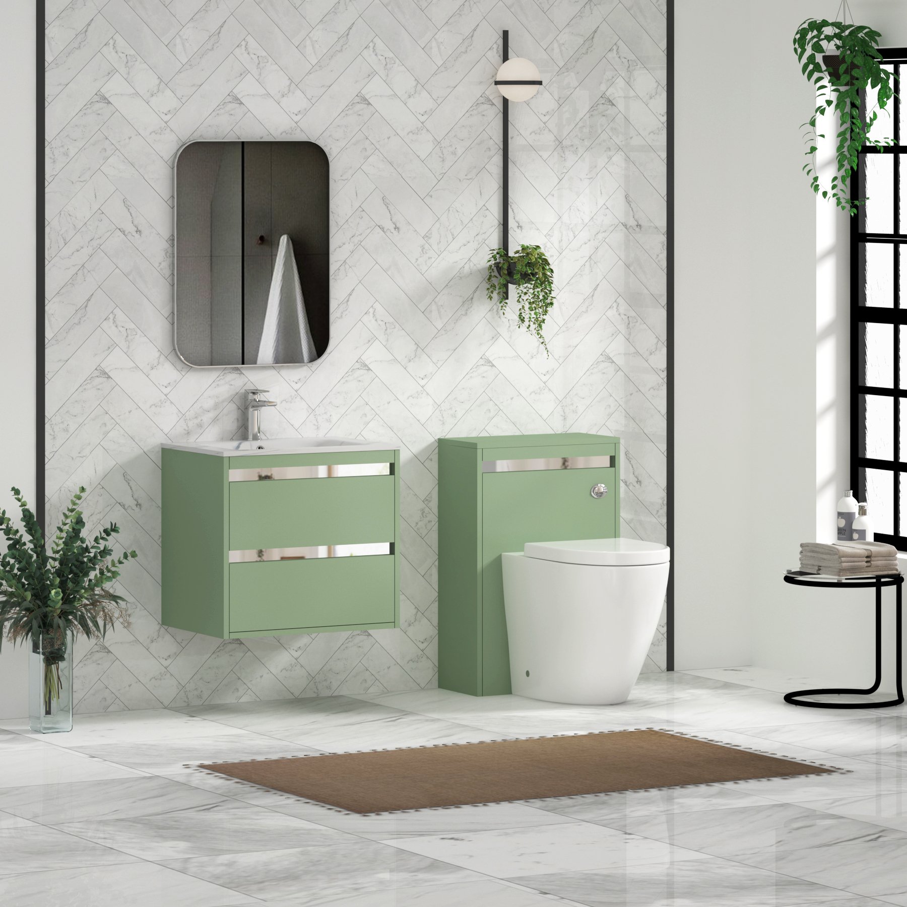 Orion Wall Hung Vanity Unit 2 Drawer Mint Sage with Carrara White Basin