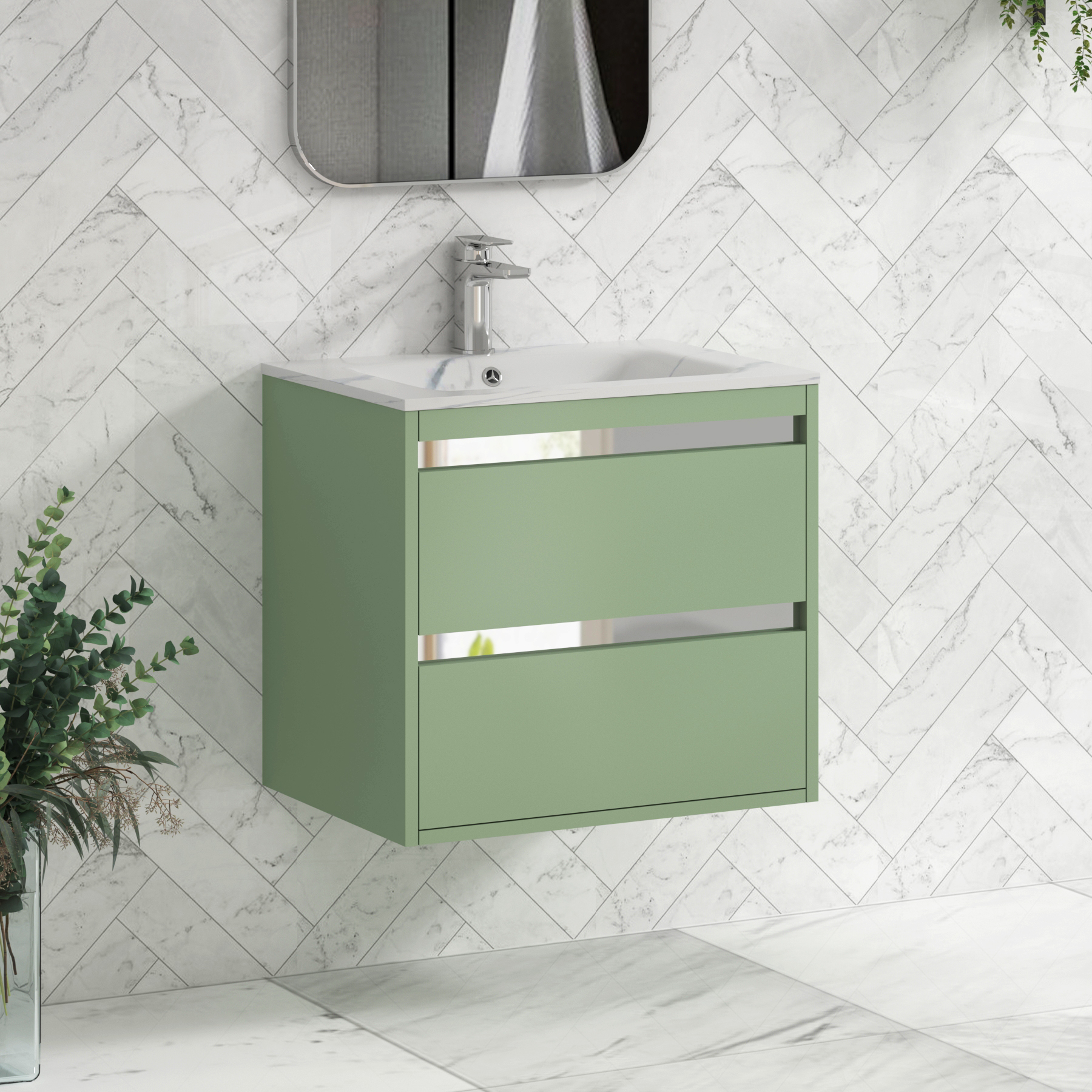 Orion Wall Hung Vanity Unit 2 Drawer Mint Sage with Carrara White Basin