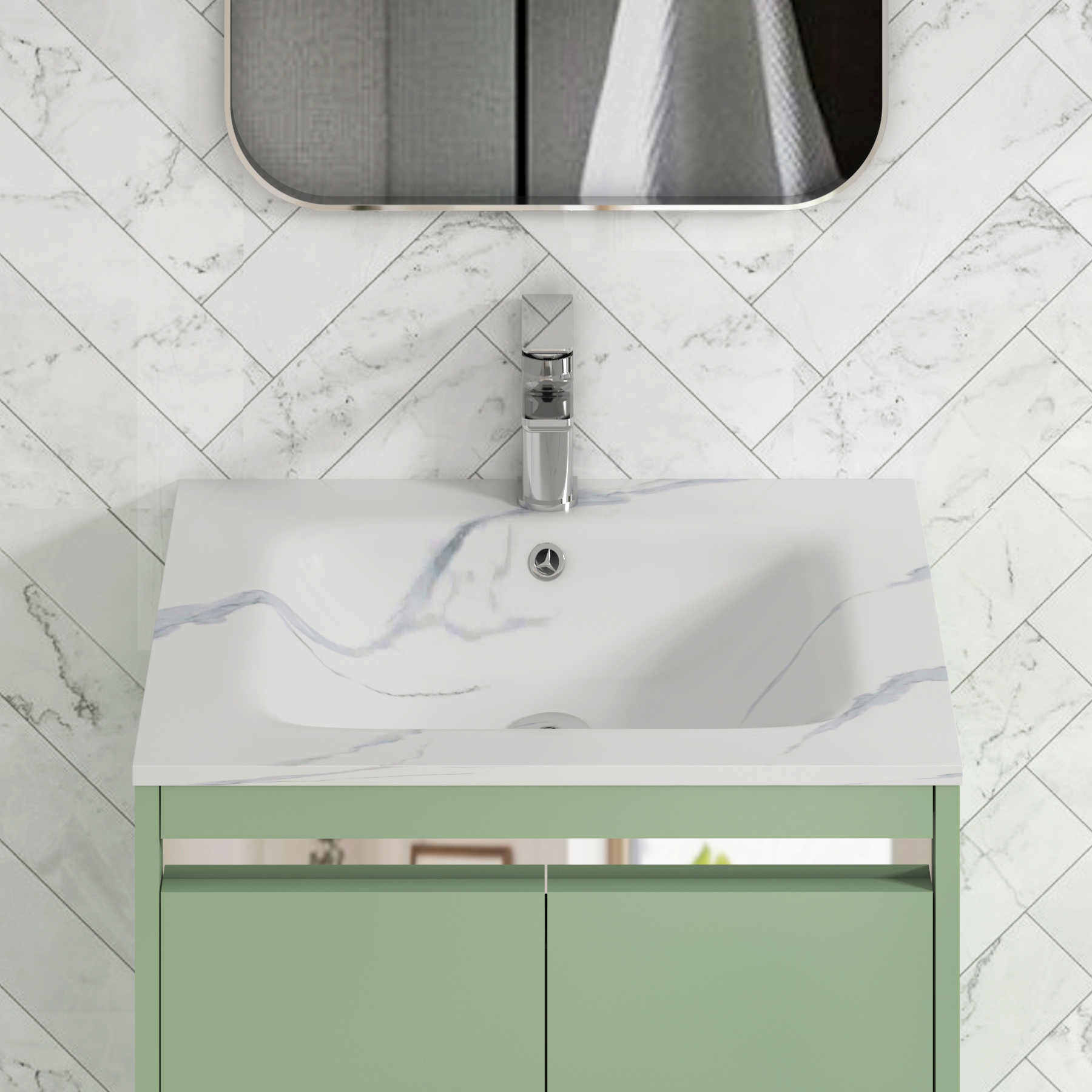 Orion Wall Hung Vanity Unit 2 Drawer Mint Sage with Carrara White Basin