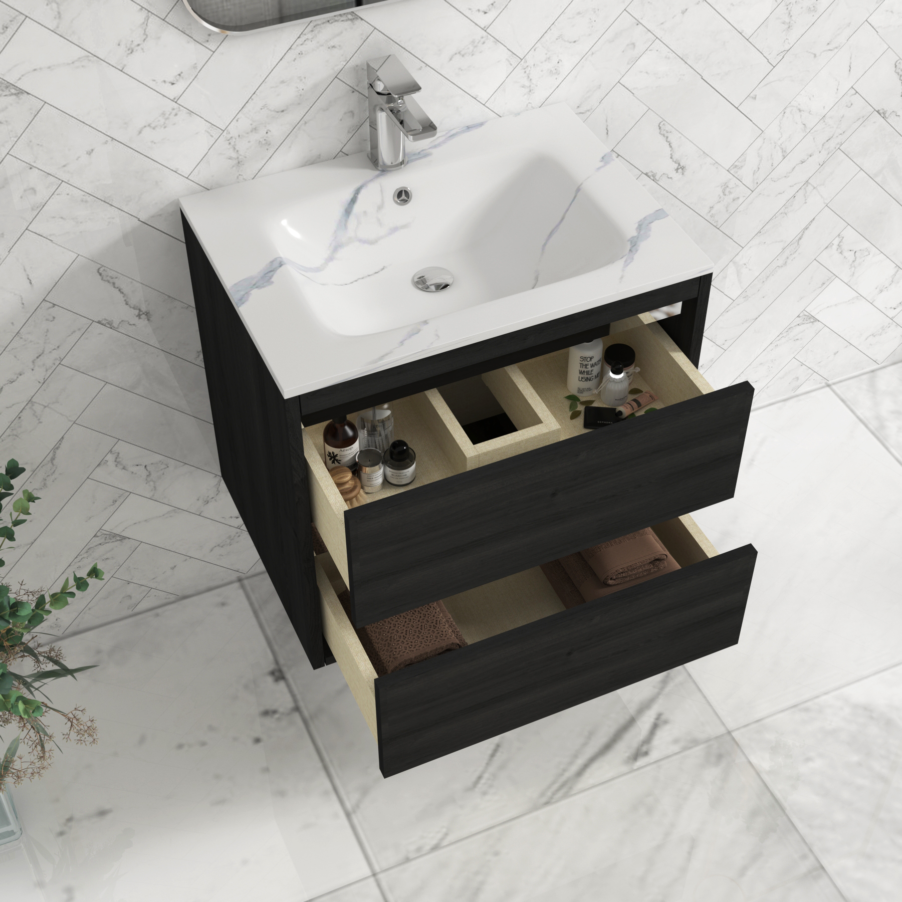 Orion Wall Hung Vanity Unit 2 Drawer Hale Black with Carrara White Basin & Accent Trim