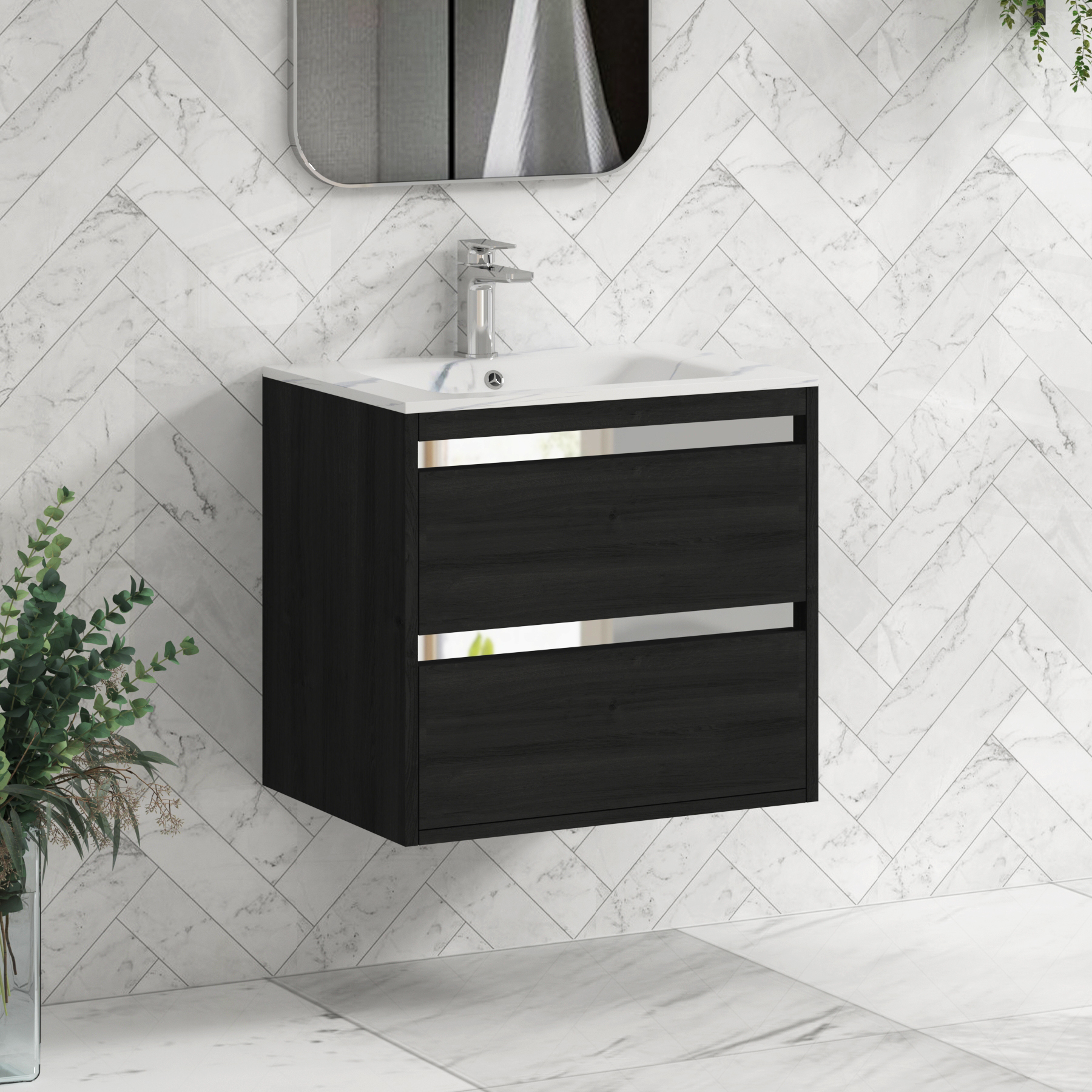 Orion Wall Hung Vanity Unit 2 Drawer Hale Black with Carrara White Basin & Accent Trim