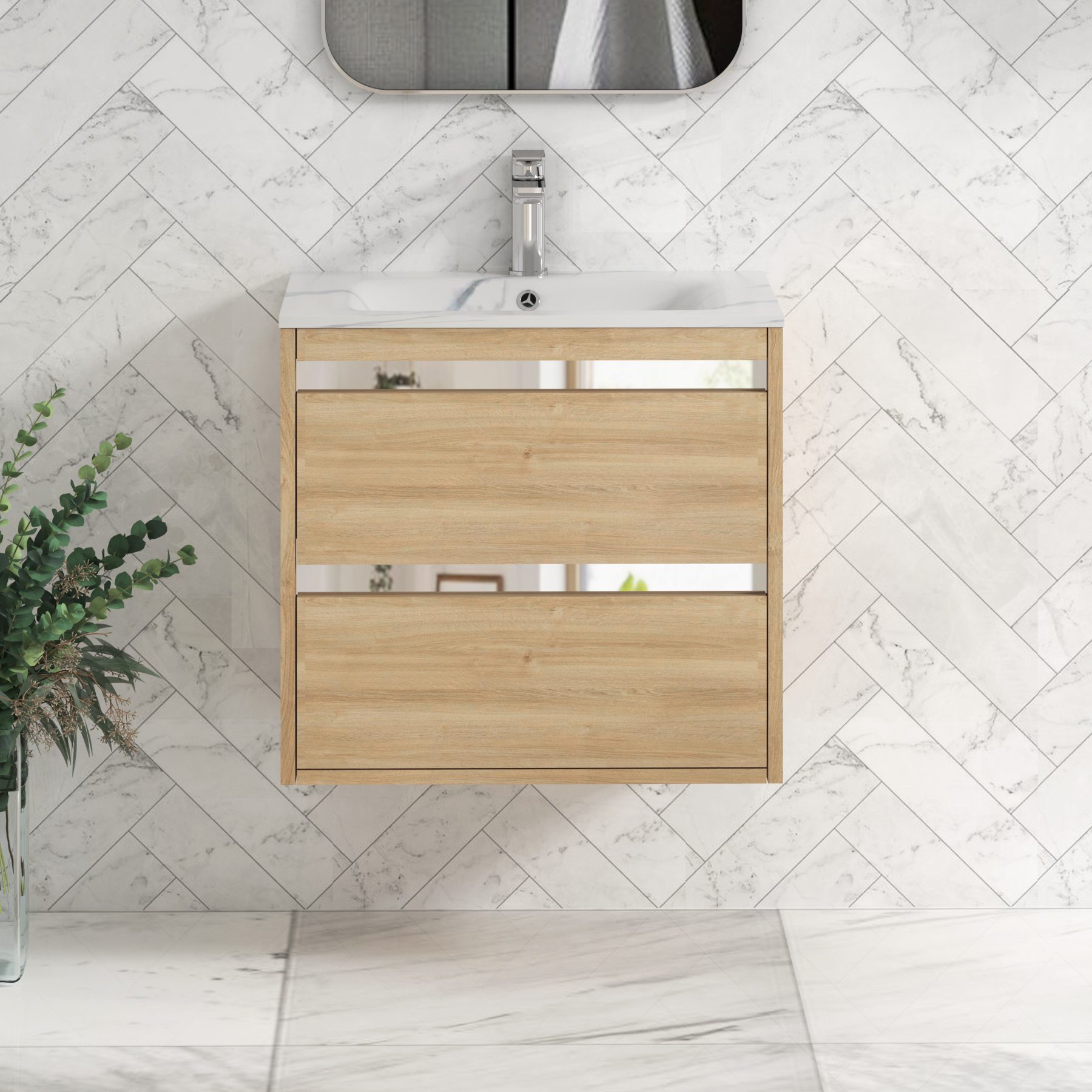 Orion Wall Hung Vanity Unit 2 Drawer Natural Oak with Carrara White Basin