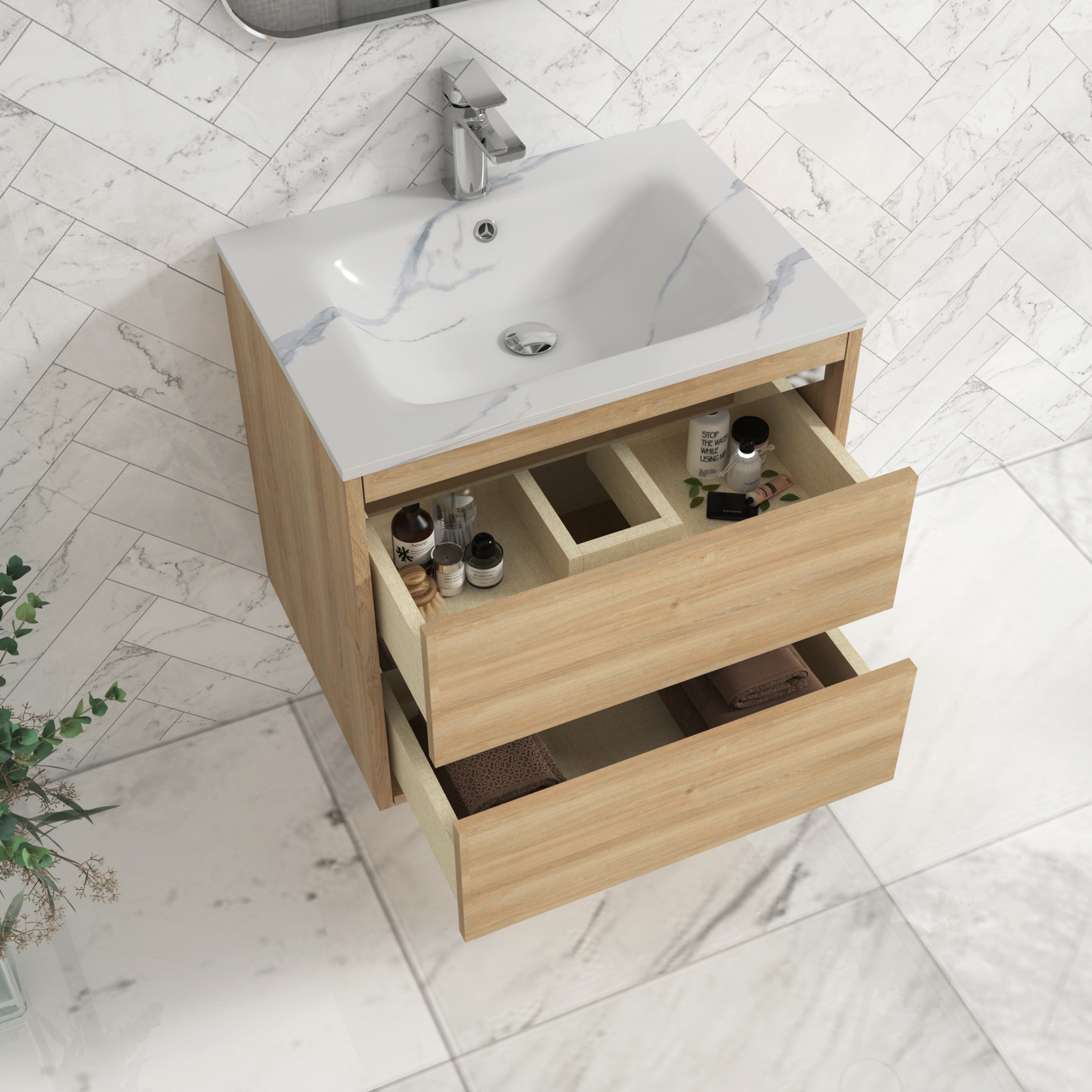 Orion Wall Hung Vanity Unit 2 Drawer Natural Oak with Carrara White Basin