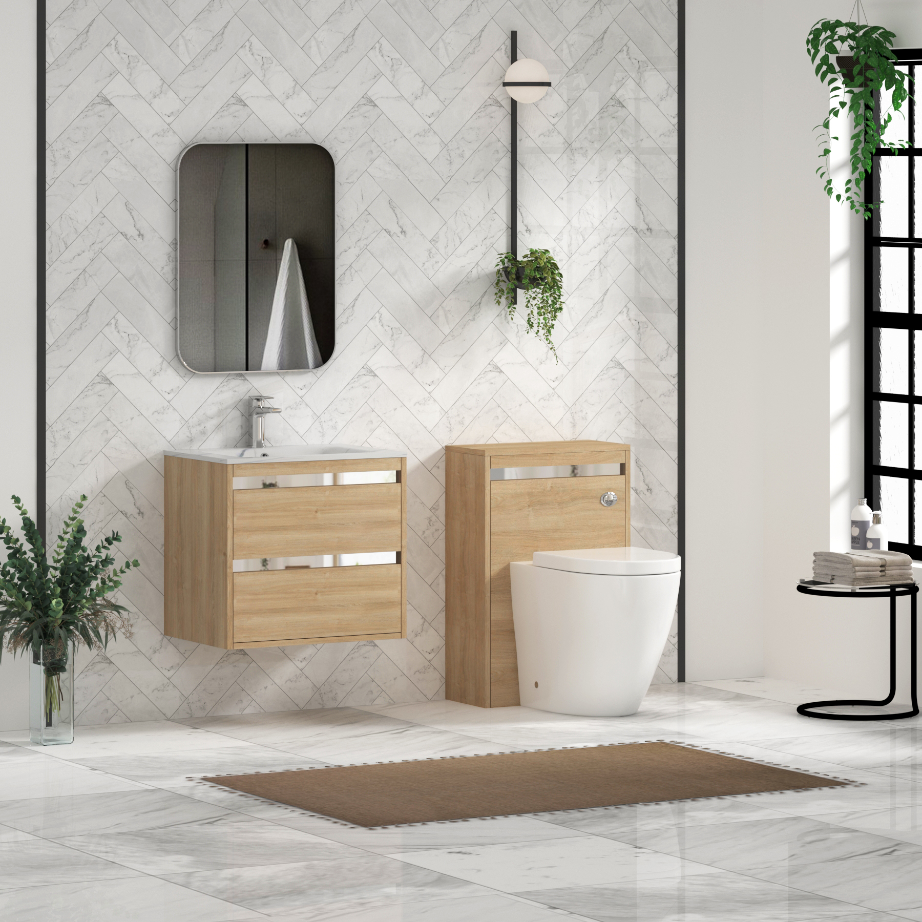 Orion Wall Hung Vanity Unit 2 Drawer Natural Oak with Carrara White Basin