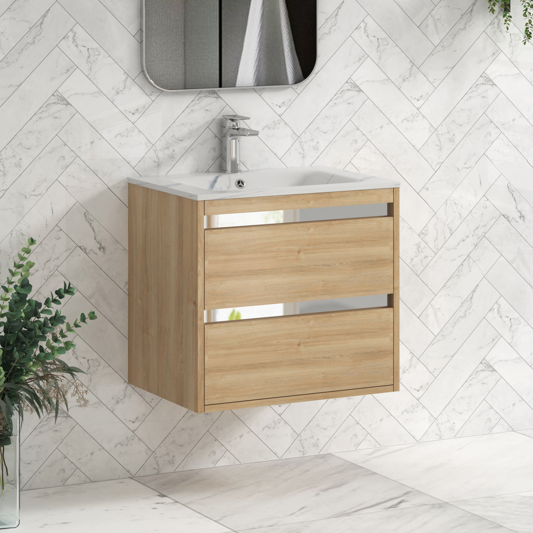 Orion Wall Hung Vanity Unit 2 Drawer Natural Oak with Carrara White Basin