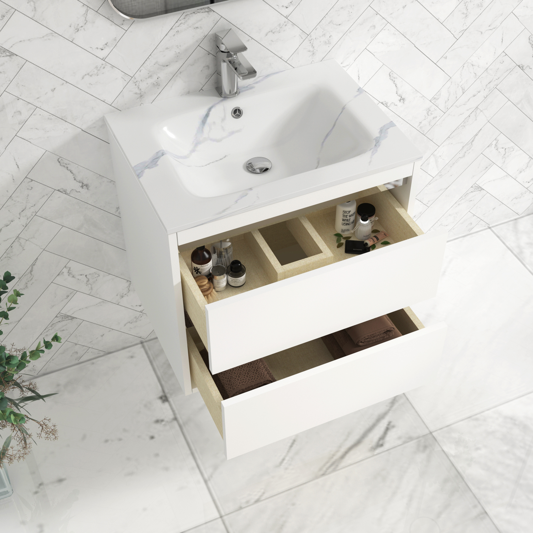 Orion Wall Hung Vanity Unit 2 Drawer Matt White with Carrara White Basin