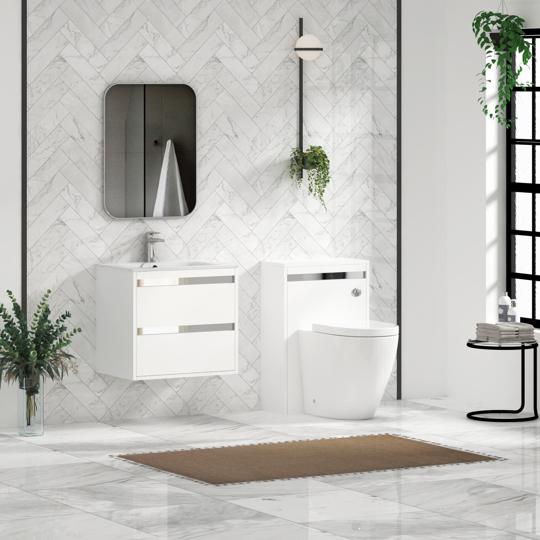 Orion Wall Hung Vanity Unit 2 Drawer Matt White with Carrara White Basin