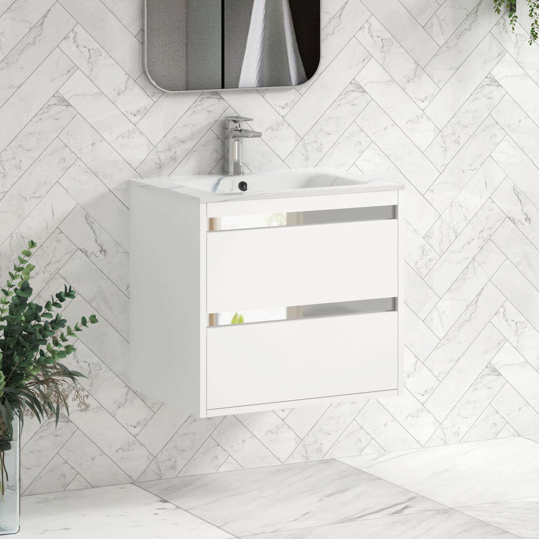 Orion Wall Hung Vanity Unit 2 Drawer Matt White with Carrara White Basin