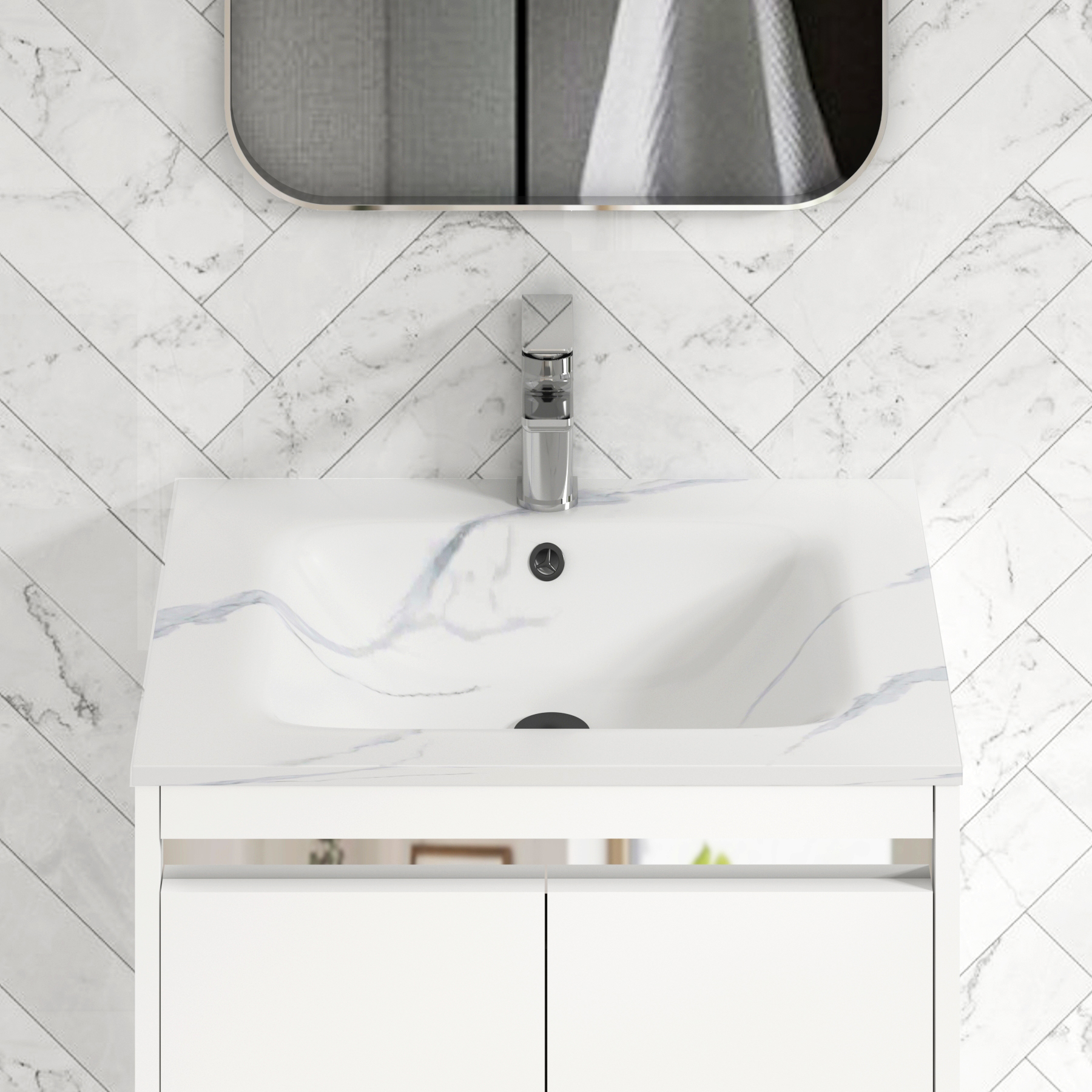 Orion Wall Hung Vanity Unit 2 Drawer Matt White with Carrara White Basin